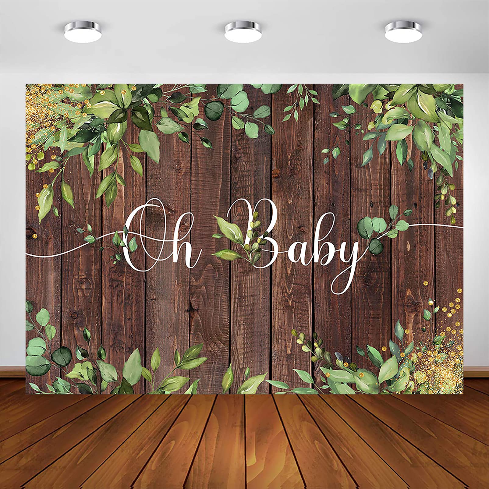 Rustic Wood Baby Shower Backdrop for Boys - 8x6ft Oh Baby Photography Background with Green Leaves - Perfect for Baby Shower Party Decorations, Newborn Photos, and Gender Reveal Events