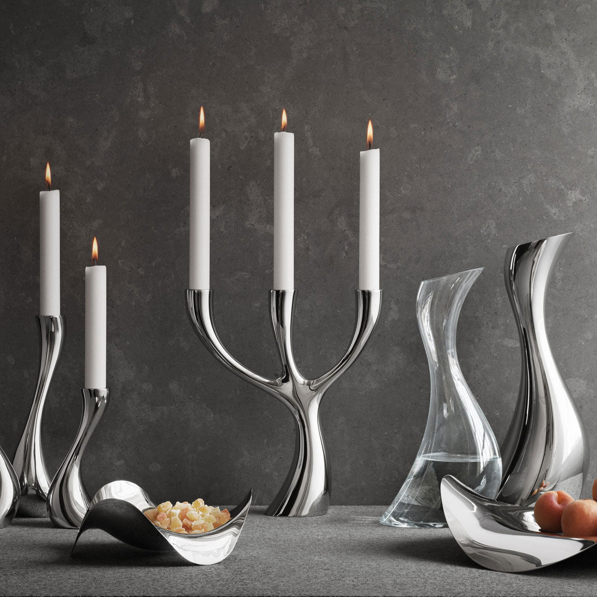 Georg Jensen Cobra Floor Candleholder Set of 3 - Modern Silver Candle Holders for Home Decor, Wedding & Event Lighting