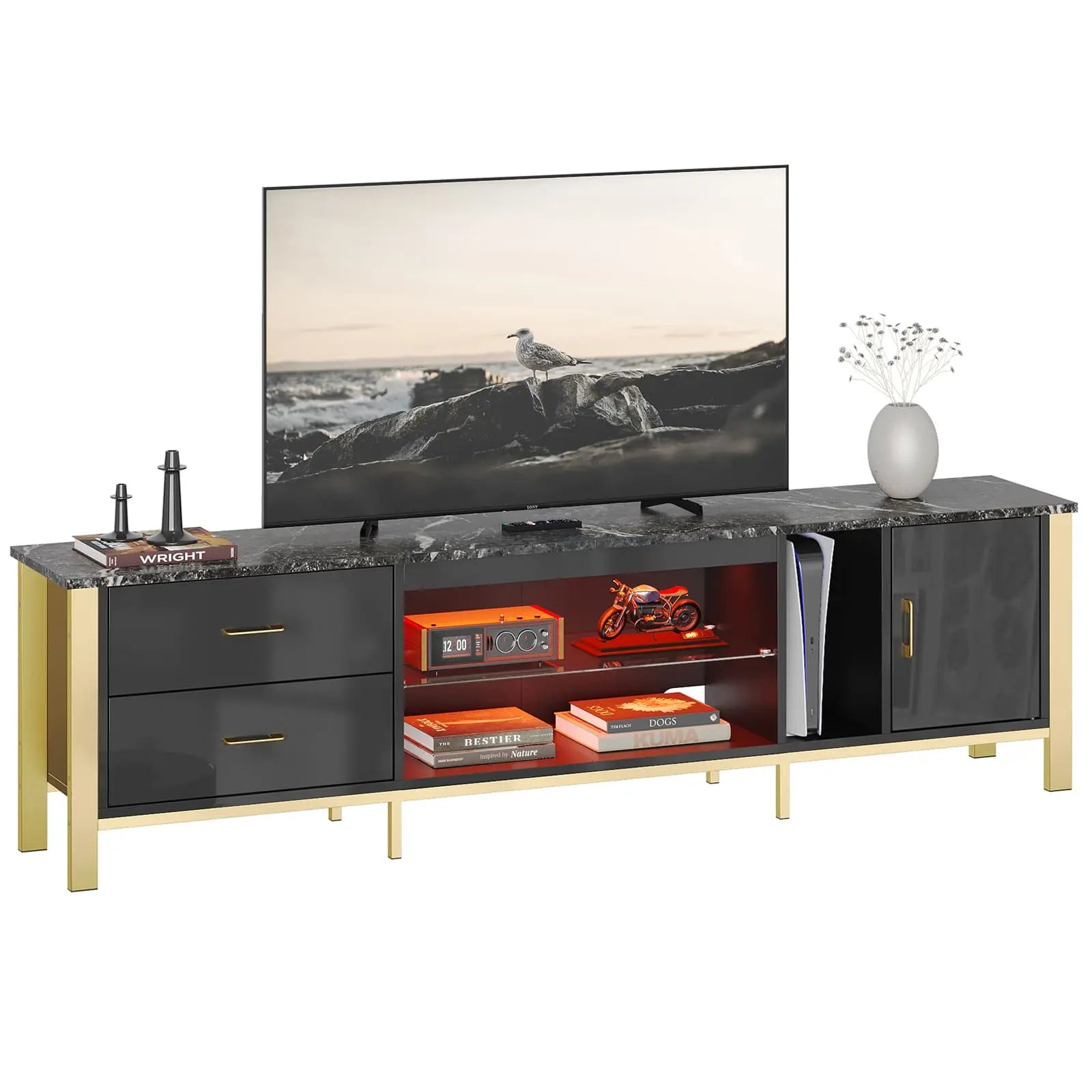 Bestier 80 Inch LED Gaming TV Stand with Tempered Glass Shelves - Sturdy Entertainment Center for Living Room, Bedroom & Game Room Setup