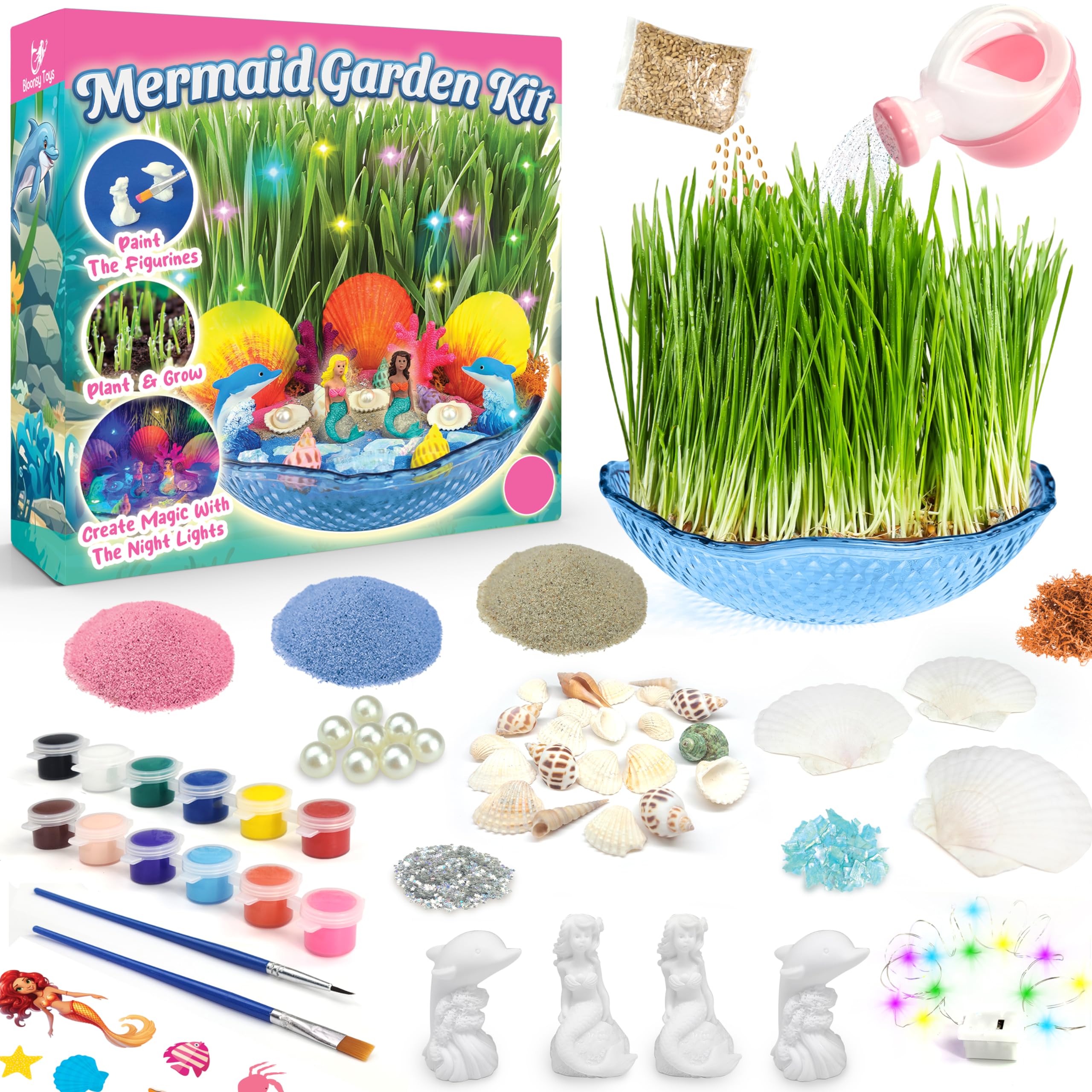 BLOONSY Mermaid Fairy Garden Kit for Kids - Light Up Terrarium with LED, STEM Science & Arts Crafts Activity for Girls Ages 8-12 | Perfect Birthday Gift, Room Decor & Creative Play