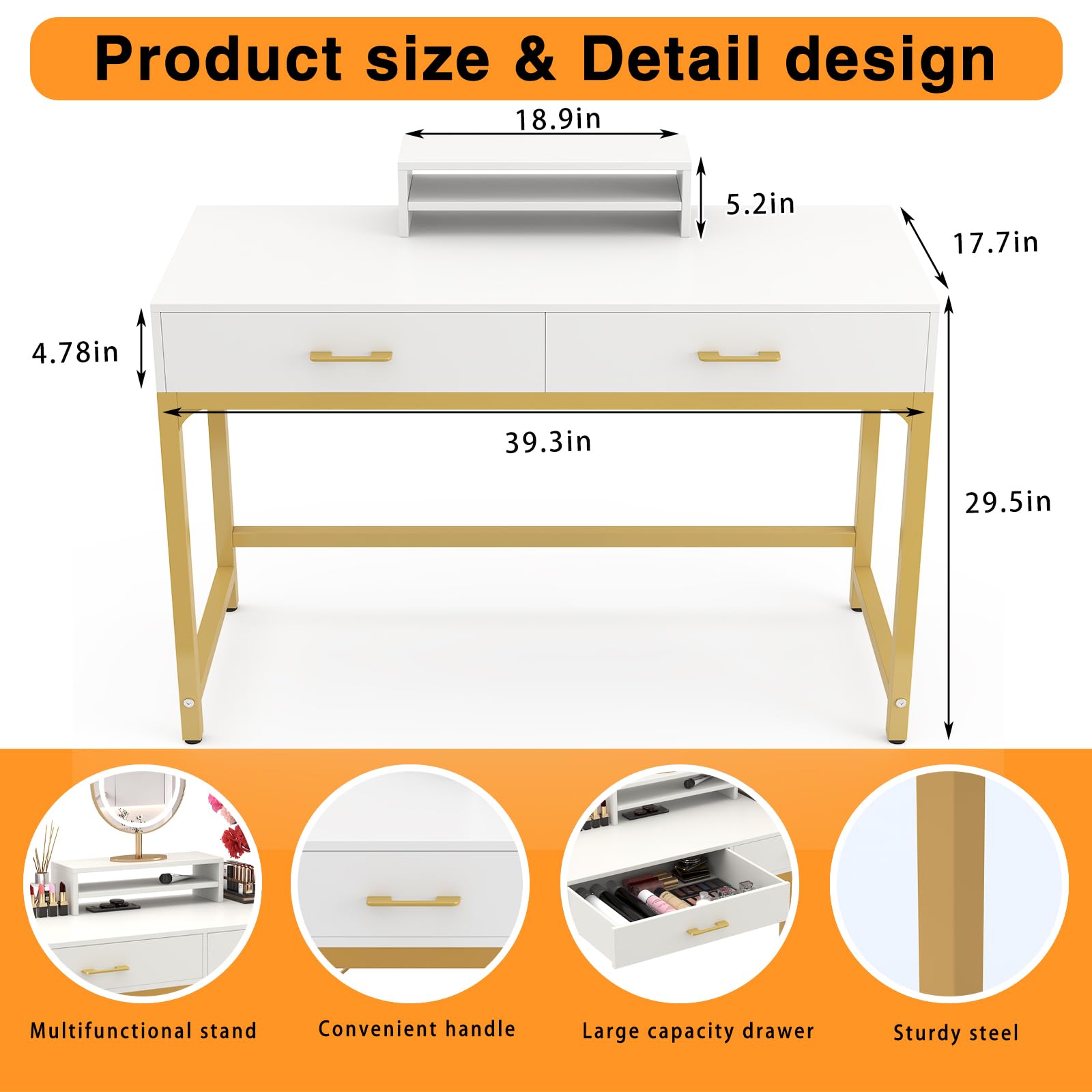 WESTREE White Wooden Makeup Vanity Desk with 2 Drawers & Storage Shelf - Bedroom Home Office Desk, Height Adjustable Monitor Stand - Perfect Gift for Women, Ideal for Makeup Organization & Home Office Setup