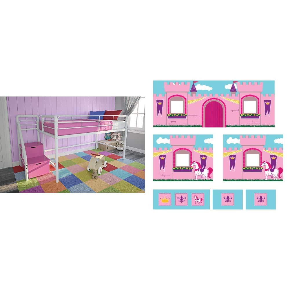 DHP Junior Twin Metal Loft Bed with Storage Steps - Space Saving Kids Bed with Princess Castle Design Curtain Set - White & Pink Multifunctional Children's Furniture for Small Rooms, Playrooms & Bedrooms