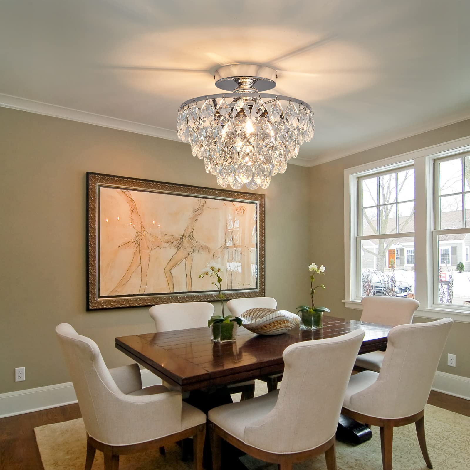 Modern E26 Small Crystal Chandelier - Silver Semi-Flush Mount Ceiling Light Fixture for Hallway, Bedroom, Bathroom, Closet & Foyer | Elegant Lighting for Home Decor & Interior Design (Chrome)