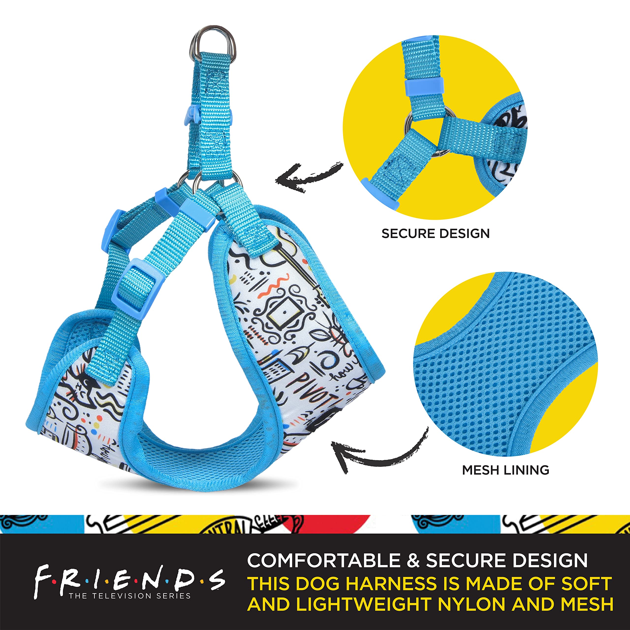 Small Dog Harness No Pull - City Doodle Blue Pet Vest with D-Ring | Adjustable Breathable Machine Washable Harness for Small Dogs (Size S) | Perfect for Walking, Training & Friends TV Show Fans