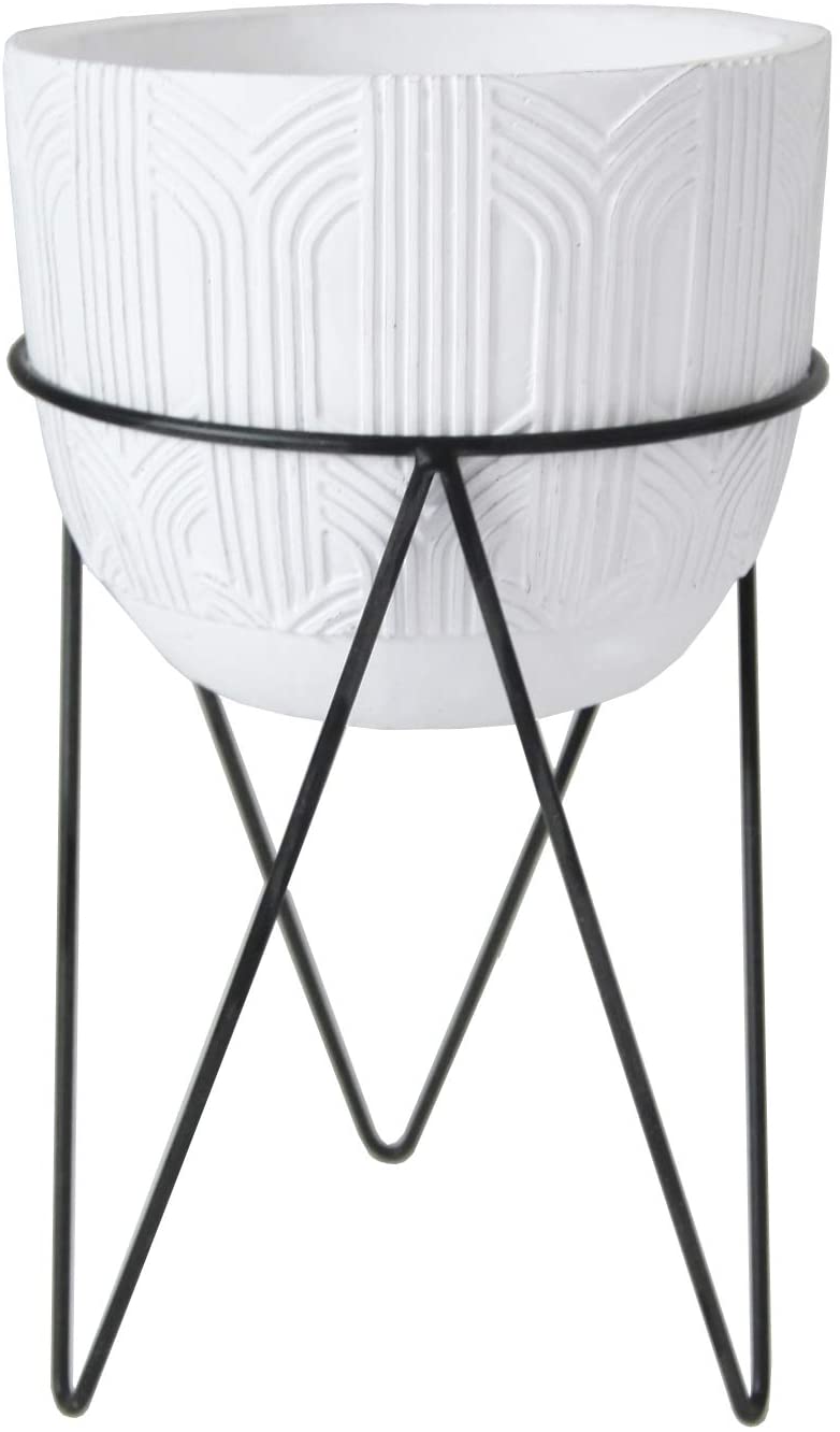Flora Bunda Mid Century White Concrete Planter - 12 Inch Cement Flower Pot with Black Metal Stand for Indoor Plants | Perfect for Home, Office & Garden Decor