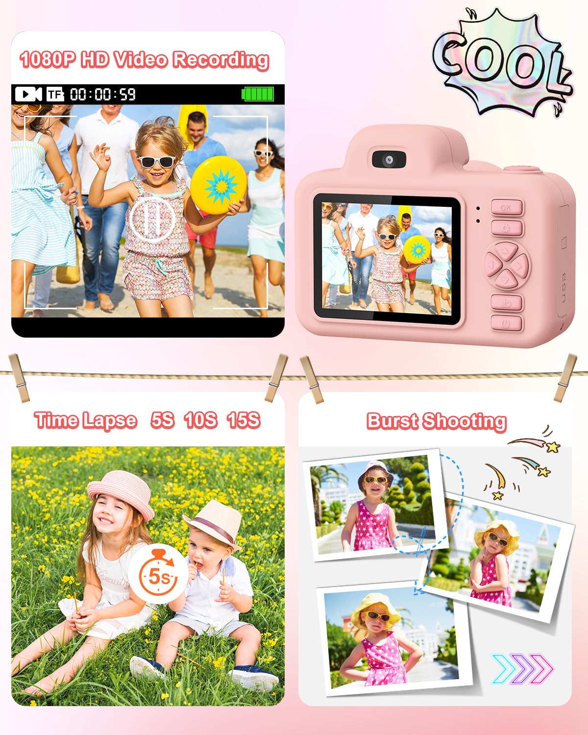 **Kids Digital Camera with Flash - 1080P HD Video & 2 Inch Screen, 32GB Memory - Best Christmas Birthday Gift for Boys Girls Age 3-12 - Perfect for Travel, Parties & Outdoor Adventures (Pink)**