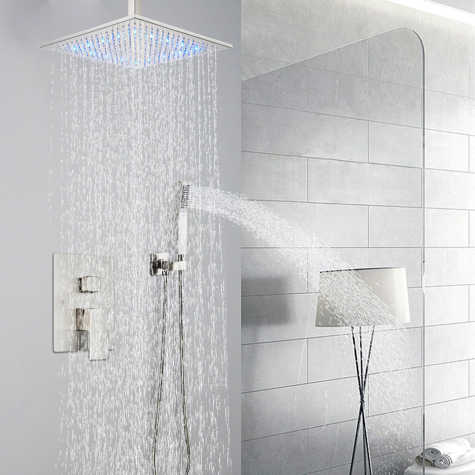 12 Inch LED Square Showerhead with Handheld Spray - SUS304 Stainless Steel Shower System Kit (Brushed Nickel) - Perfect for Modern Bathrooms & Spa-Like Shower Experience