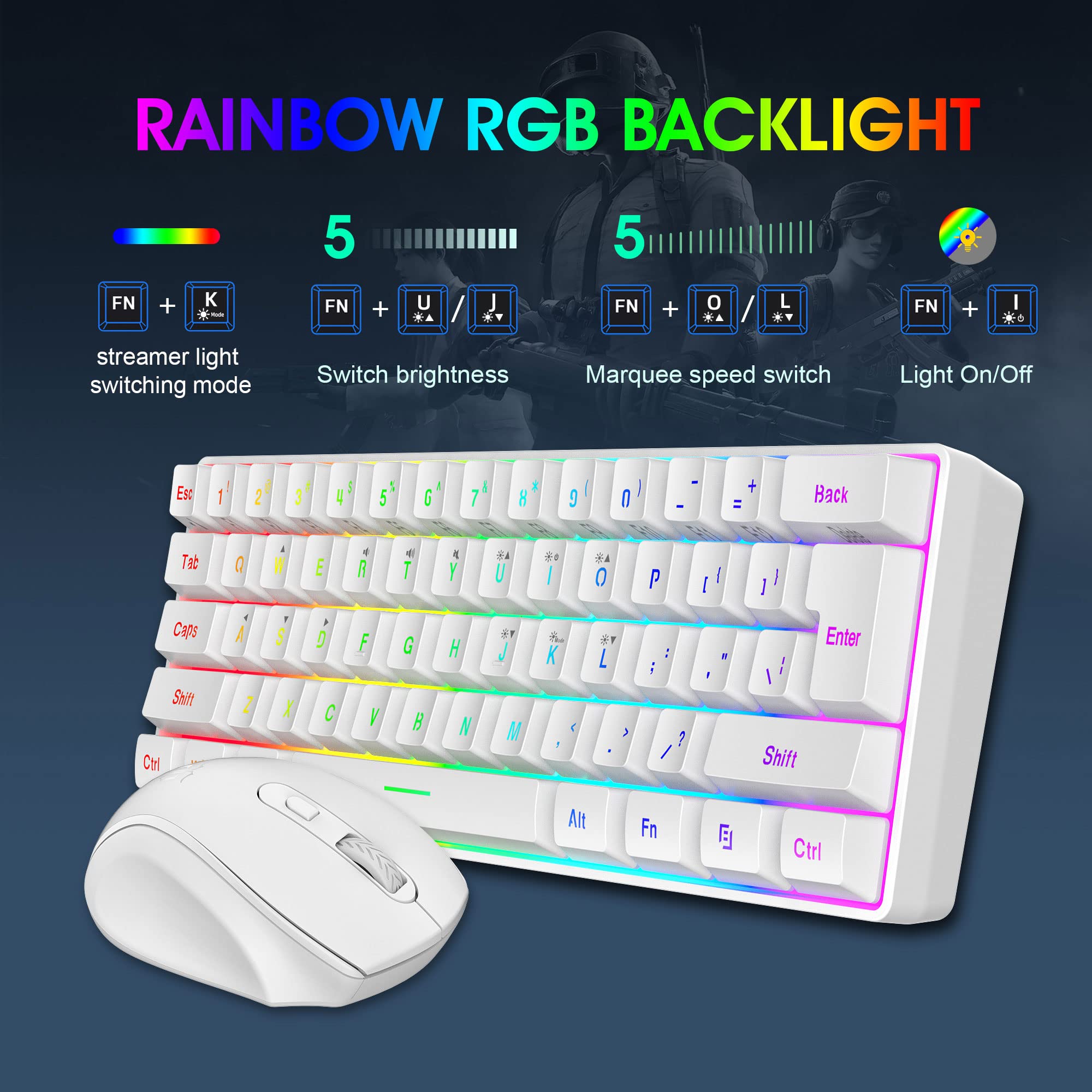 SNPURDIRI 2.4G Wireless Gaming Keyboard and Mouse Combo - 60% Compact Mechanical Feel Keyboard & Ergonomic Mini Mouse (White) for PC, Laptop, Mac - Perfect for Gaming, Office Work & Home Use