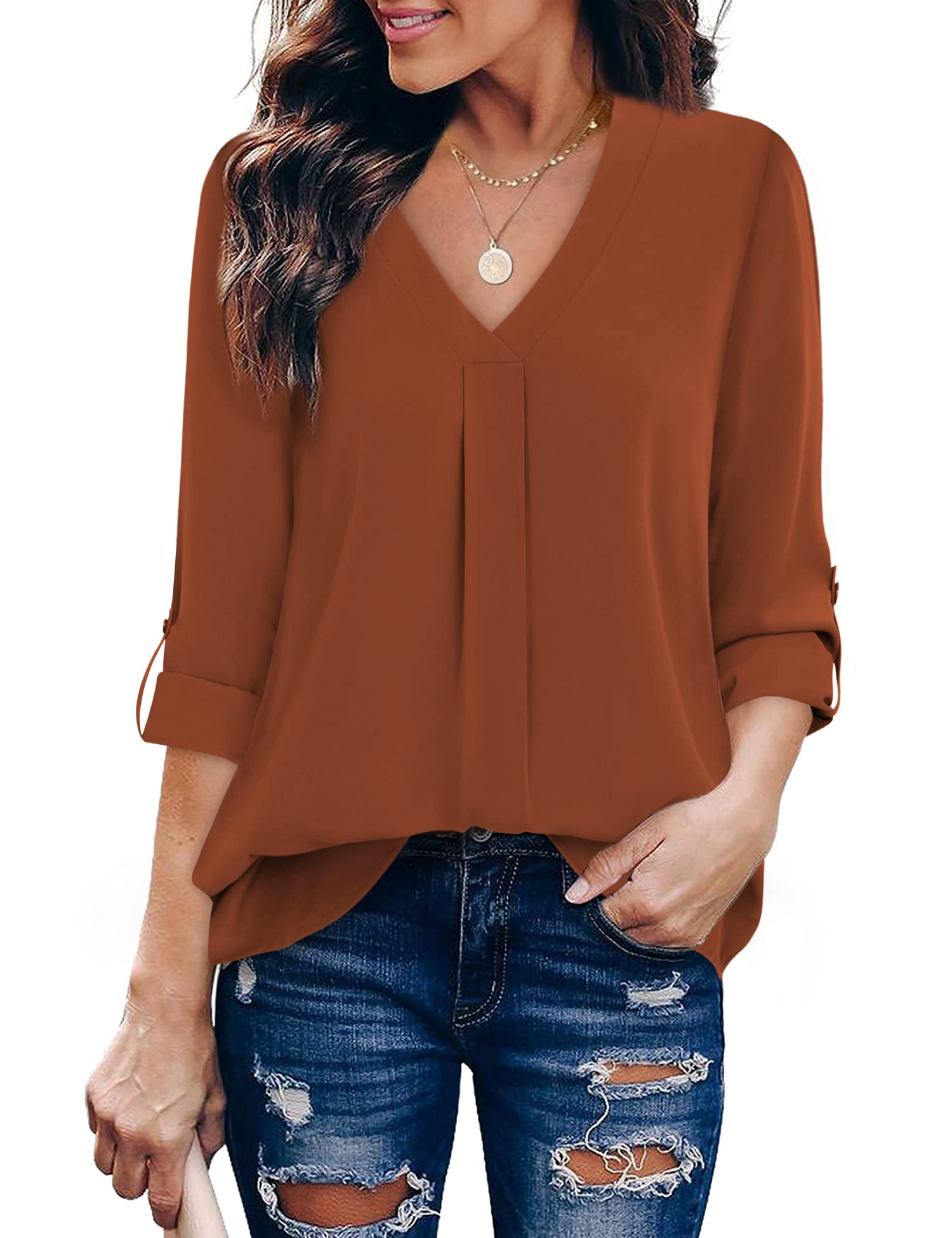 Youtalia Women's Casual Blouse - Loose Fit V-Neck 3/4 Sleeve Tunic Top for Work & Everyday Wear | Office, Date Night & Spring Outfits