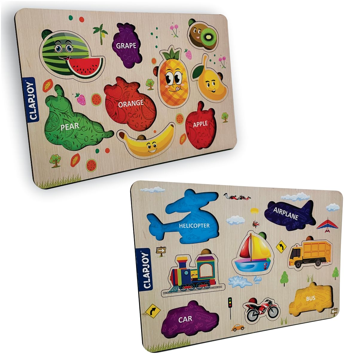 Clapjoy Wooden Learning Educational Puzzle Board for Toddlers - Fruit & Vehicle Theme - Montessori Toys for 2 Year Old Boys & Girls - Perfect for Early Childhood Development & Sensory Play