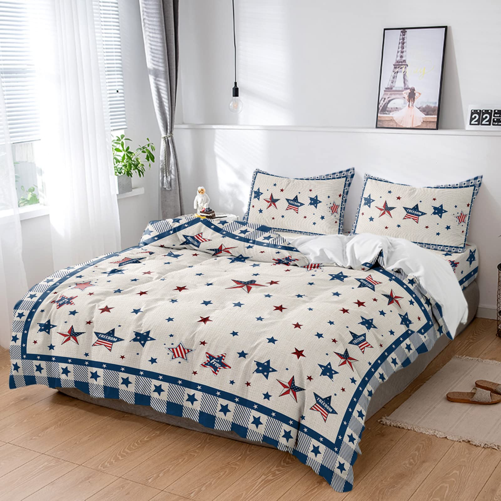 4th of July Stars USA Flag Twin Duvet Cover Set - 4 Piece Breathable Cotton Linen Bedding with Ultra Soft Comforter Cover, Flat Sheet & 2 Decorative Pillow Shams - Perfect for Patriotic Bedroom Decor, Guest Rooms & Holiday Themed Home Staging