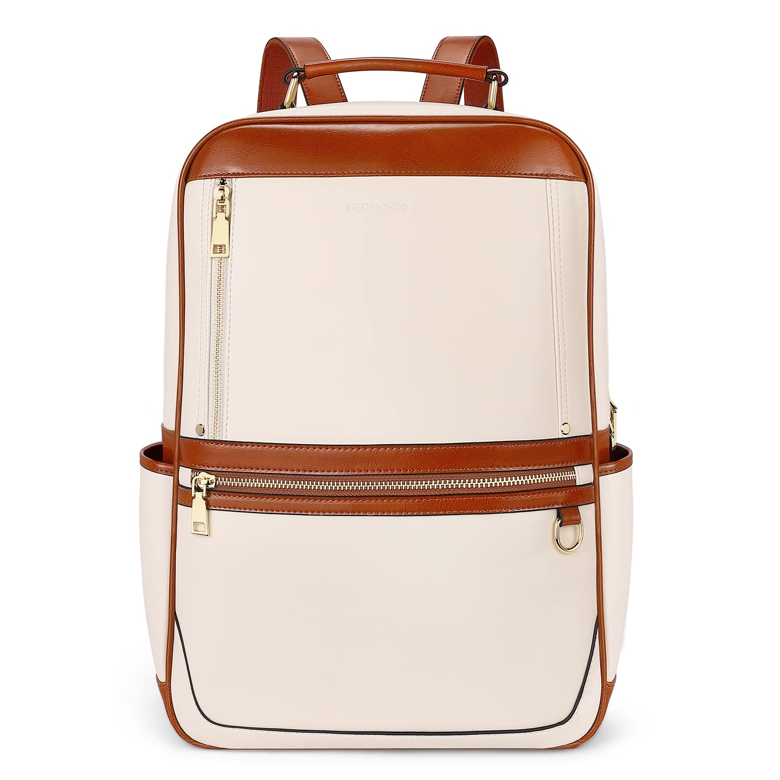 WESTBRONCO Genuine Leather Laptop Backpack for Women - 15.6 Inch Waterproof Computer Bag with USB Charging Port - Beige Work & Travel Backpack for Business, College & Daily Commute