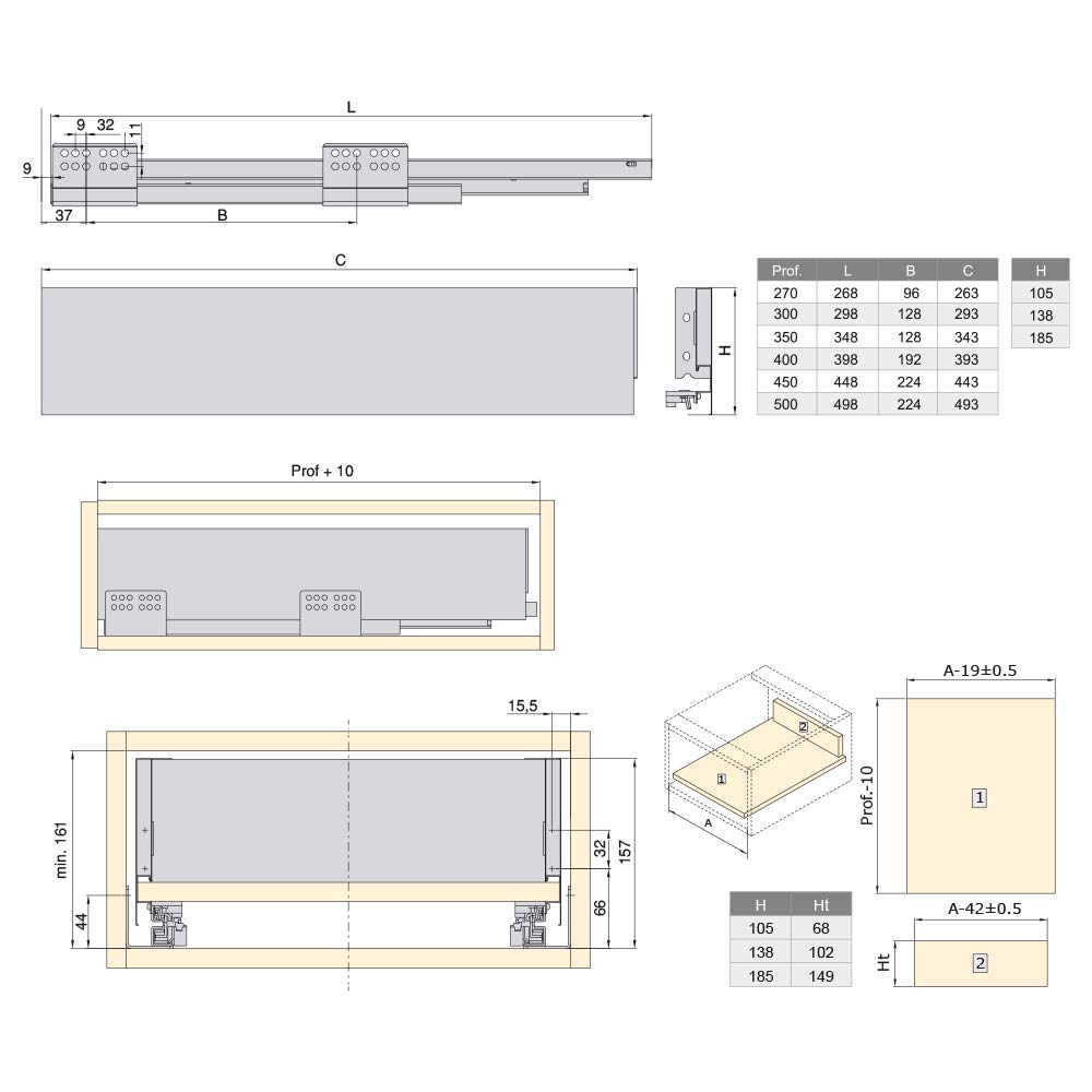 White Drawer Kit with 2 Side Ribs & Soft-Close Full Pull Rails - 138x450mm Kitchen & Bathroom Drawer Mounting Hardware - Perfect for Cabinet Organization & Storage Solutions