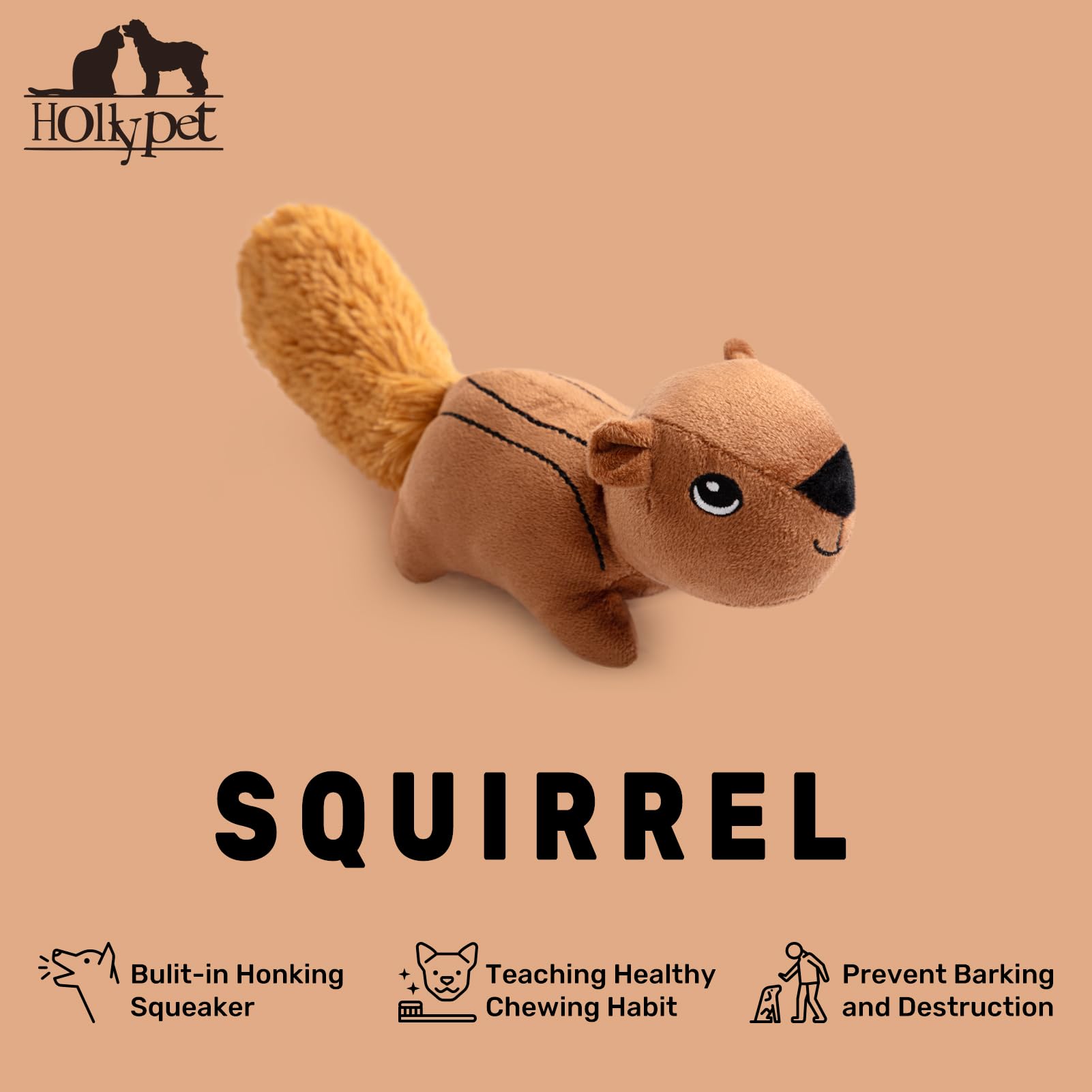 Hollypet Squeaky Plush Dog Toys - Durable Chew Toys for Small, Medium & Large Breed Dogs, Cute Squirrel Design Puppy Toy for Aggressive Chewers | Perfect for Indoor Play, Training Rewards & Teething Puppies