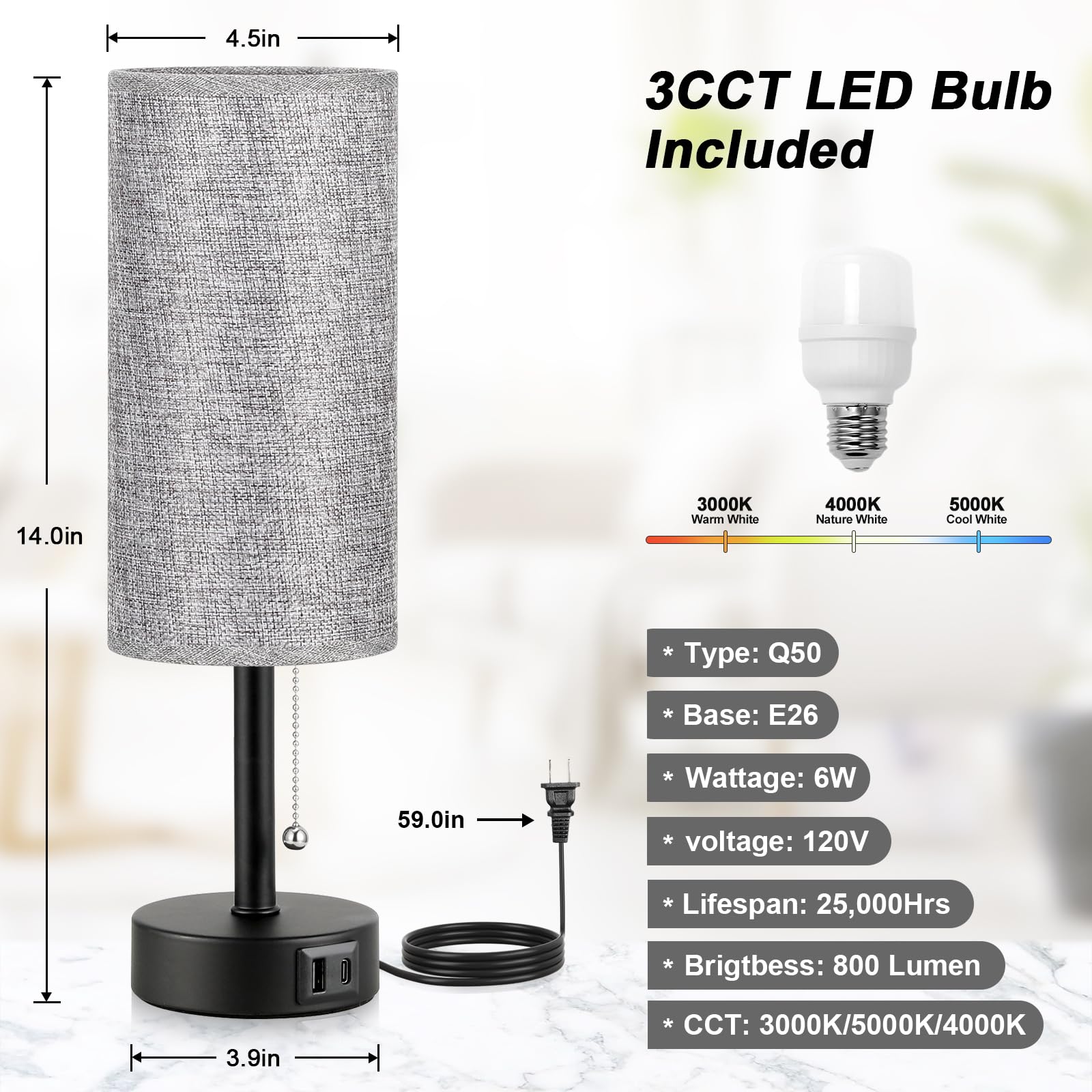 Modern Grey Bedside Lamp with USB A + C Charging Ports - 3-Way Dimmable Nightstand Light with Pull Chain, Adjustable Color Temperature, Includes LED Bulb - Perfect for Bedroom, Living Room, Dorm & Office Reading