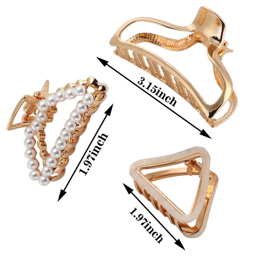 Stylish Metal Hair Claw Clips for Women - 3 Pack Medium Size for Thick Hair (Acetic Acid, Pearl & Glossy Finish) - Perfect for Updos, Ponytails & Everyday Hairstyles