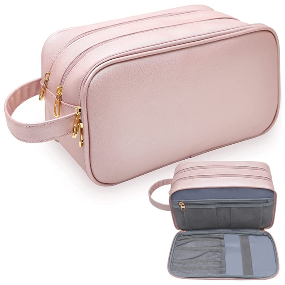 Waterproof PU Leather Toiletry Bag for Women - Travel Makeup Organizer with Brush Holder, Pink Cosmetic Bag for Brushes Set & Essentials