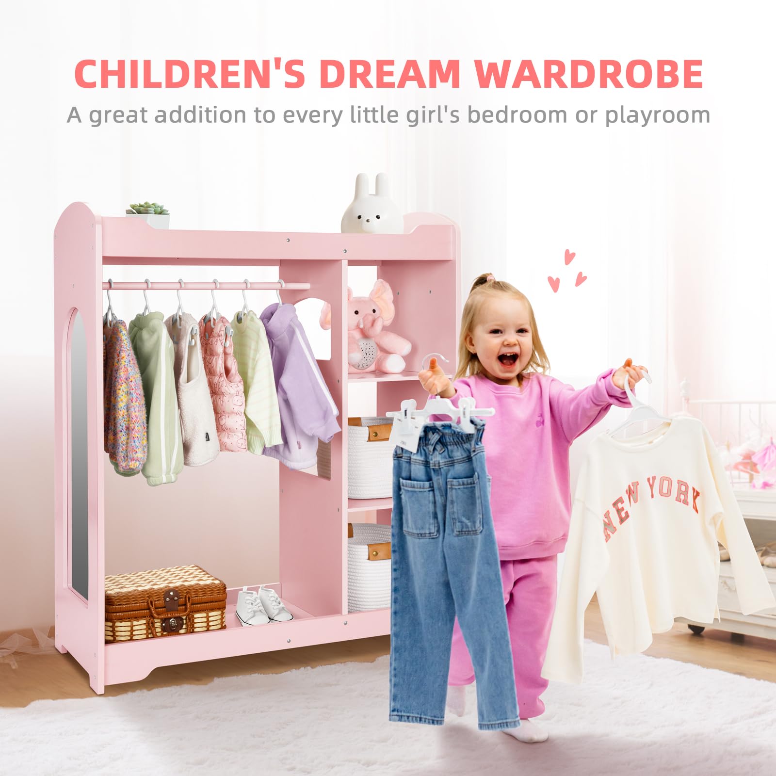 Kids Clothes Rack with Mirror & Armoire - Adjustable Height Children's Wardrobe with Anti-Tip Safety Feature - Toddler Closet Organizer for Bedroom & Nursery - Perfect for Teaching Kids Independence & Clothing Organization