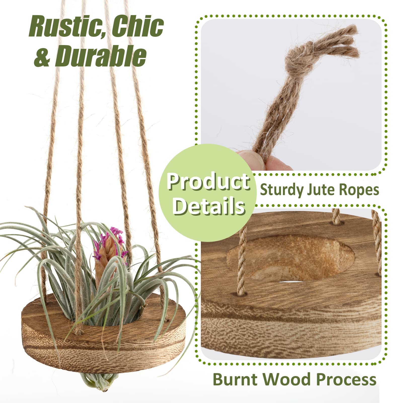 6 Pcs Hanging Wooden Air Plant Holders - 3 Inch Round Wooden Tillandsia Hangers with Jute Ropes, Rustic Air Plant Stand for Succulent Display | Home Office Decor, Wedding Party Favors, Gardening Gifts (Plants Not Included)