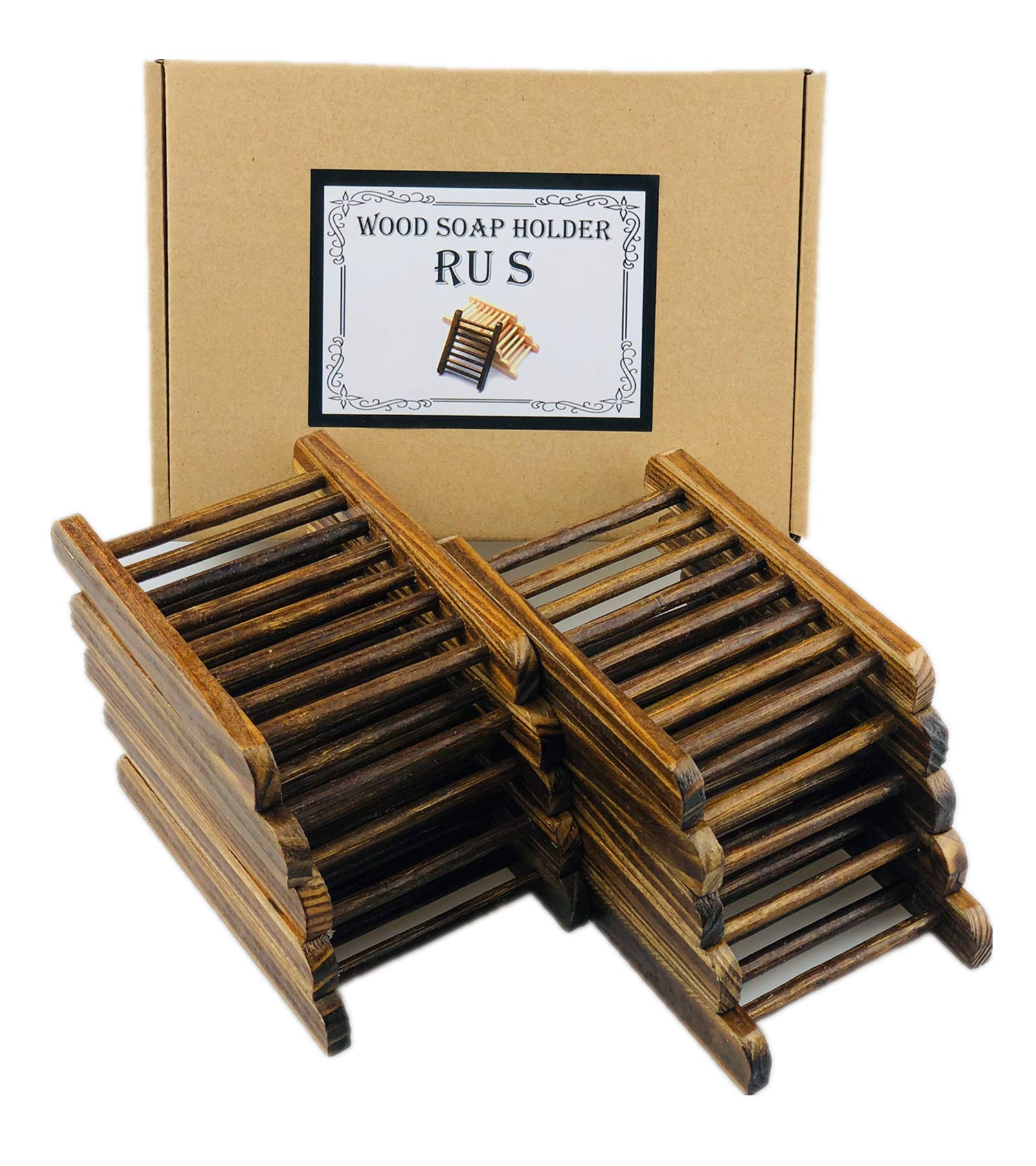 10-Piece Bamboo Wood Soap Holder Set - Handcrafted Wooden Soap Case for Bathroom, Bathtub & Shower - Natural Charcoal Finish - Perfect for Spa, Guest Bath & Luxury Home Decor