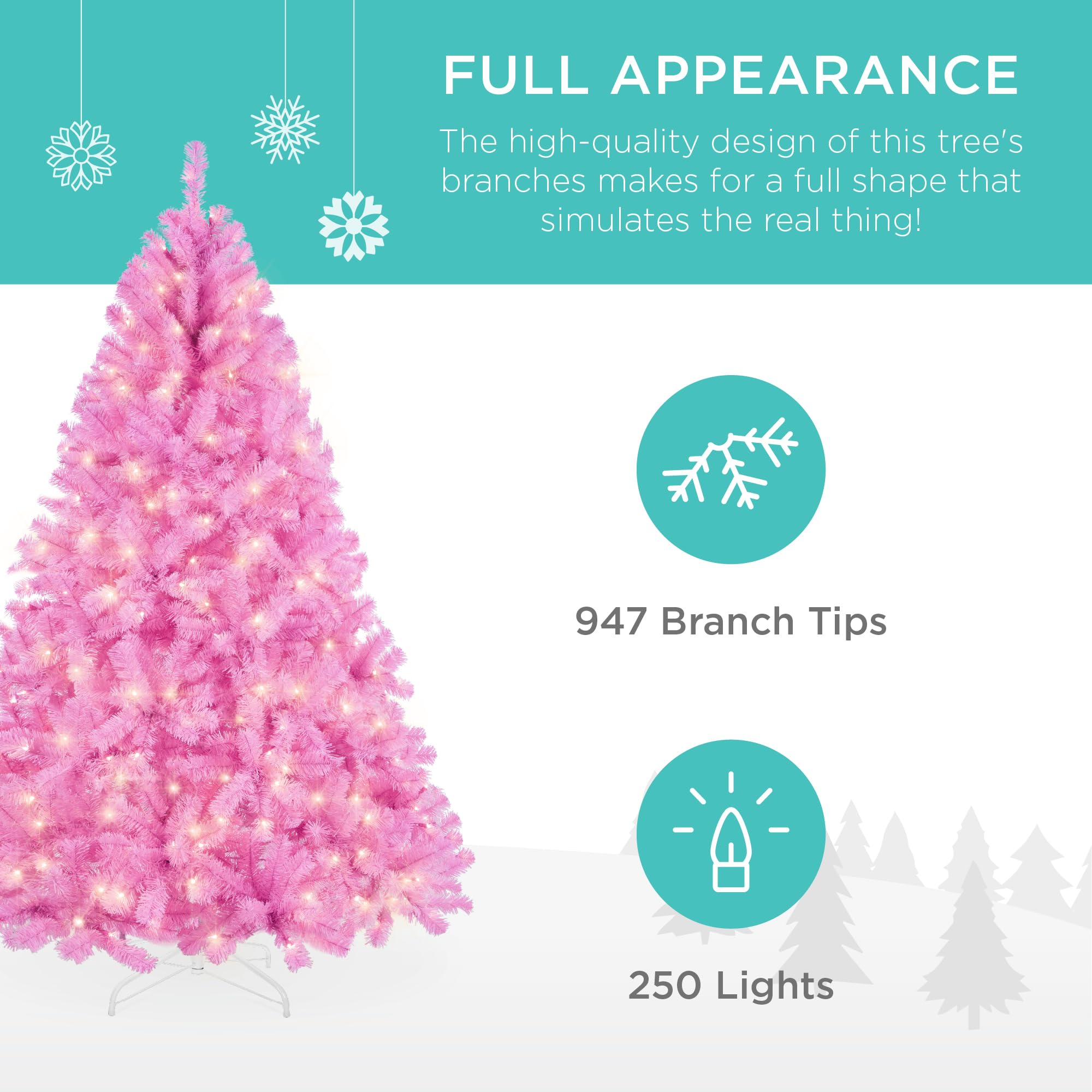 Best Choice Products 6ft Pre-Lit Pink Artificial Christmas Tree with 250 LED Lights - 947 Branch Tips, Metal Hinges & Foldable Base - Perfect for Home, Office, Party & Holiday Decorations