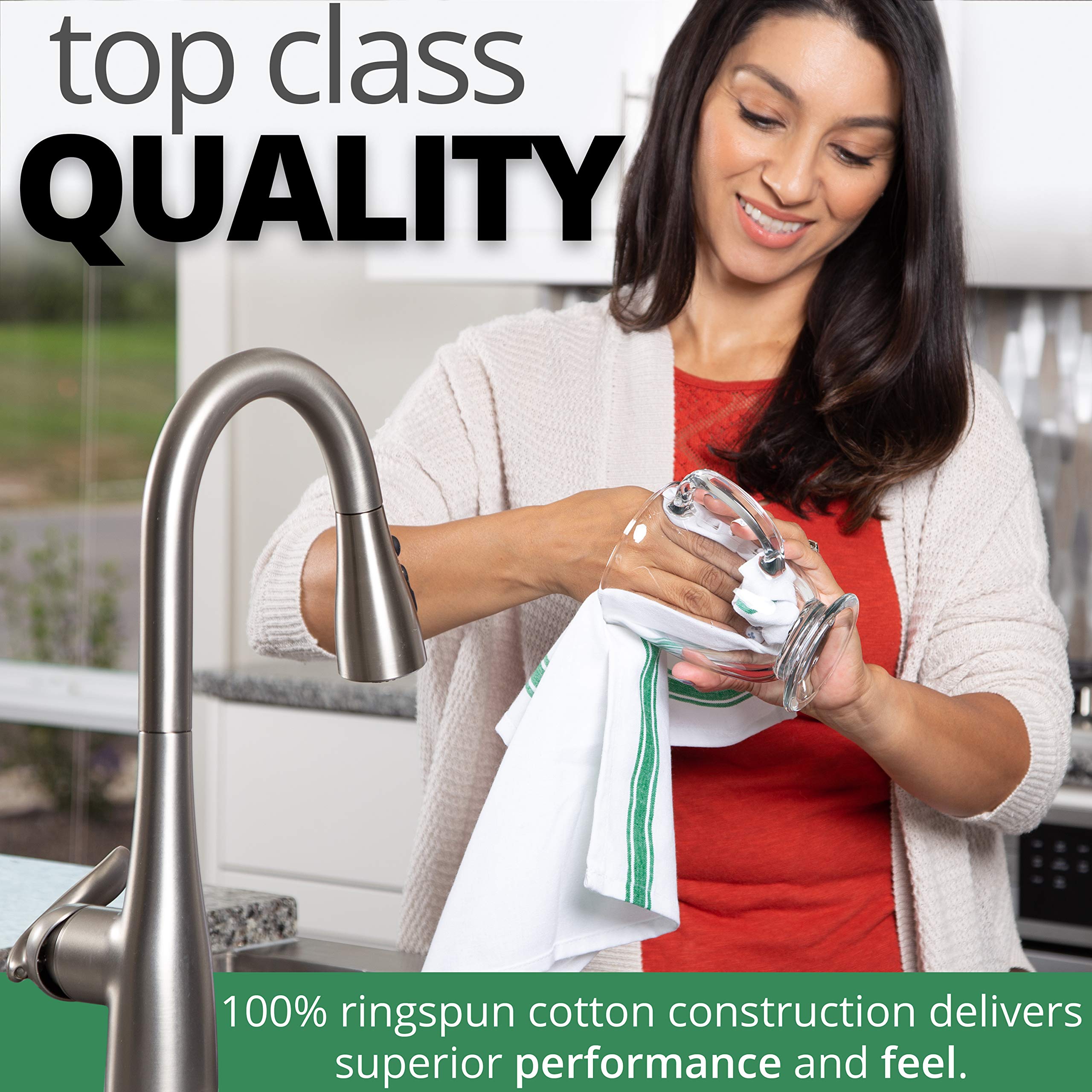 **Aunti Em's Kitchen Dish Towels Set - 13 Pack Natural Cotton Embroidery Towels, Zero-Lint for Drying Glasses, Plates & Hands - 25.5 x 15.5 Inch (Green Stripes) - Perfect for Kitchen, Dining & Hosting**