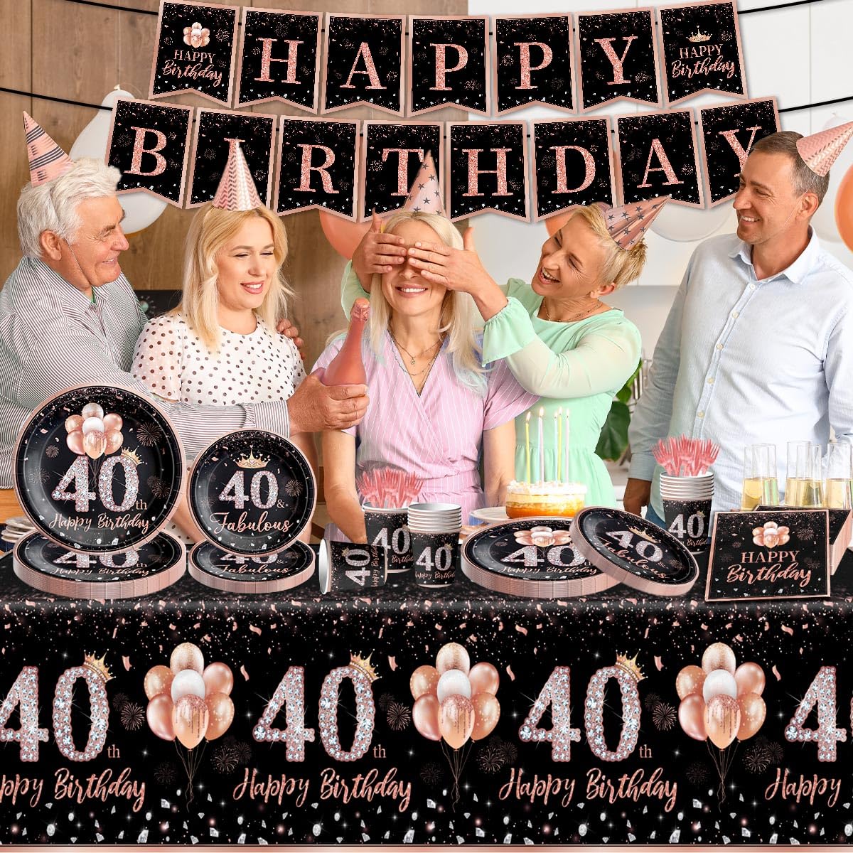 142Pcs Rose Gold 40th Birthday Party Tableware Set - Tablecloth, Plates, Napkins, Cups, Forks & Knives - Elegant Women's 40th Birthday Decorations - Perfect for Milestone Celebrations, Themed Parties & Anniversary Gatherings