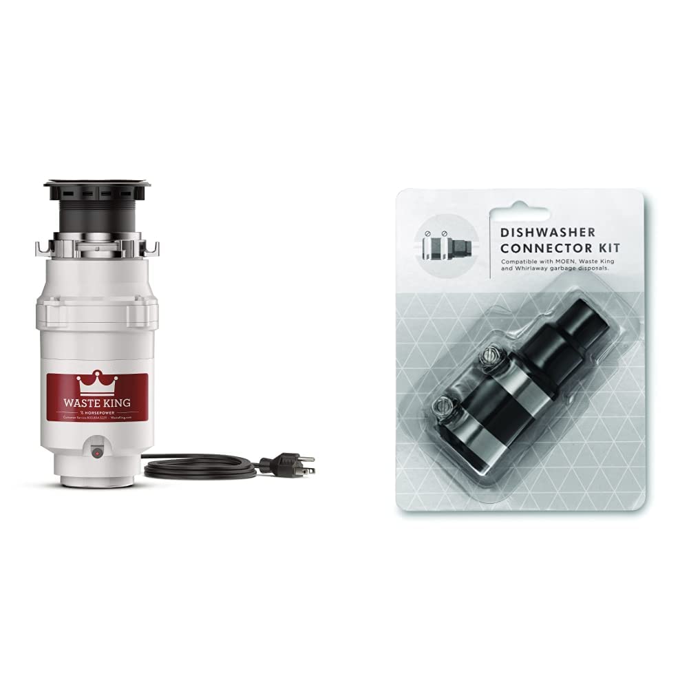 Waste King L-1001 1/2 HP Garbage Disposal with Power Cord & Dishwasher Connector Kit (Model 1023) - Powerful Kitchen Waste Disposal System for Sink & Dishwasher