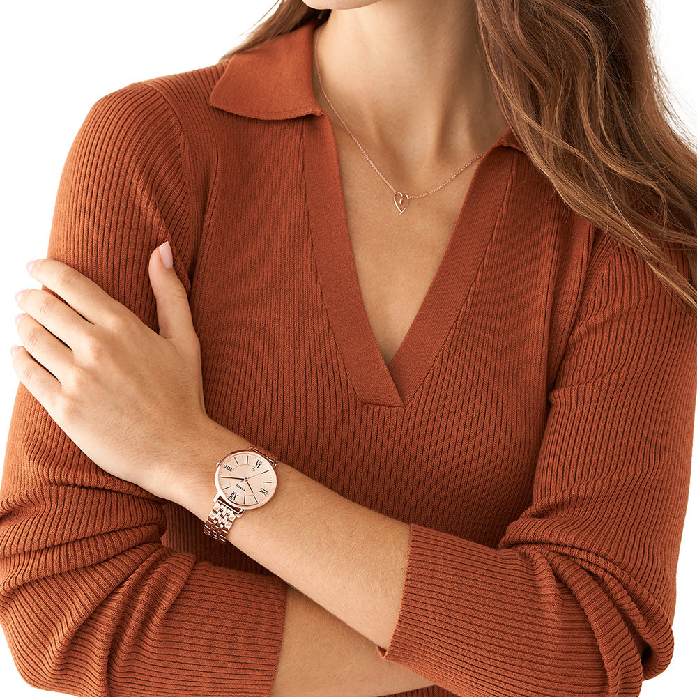 Fossil ES5252SET Jacqueline Rose Tone Watch with Necklace and Earrings Set - Elegant Women's Jewelry for Everyday Wear & Special Occasions