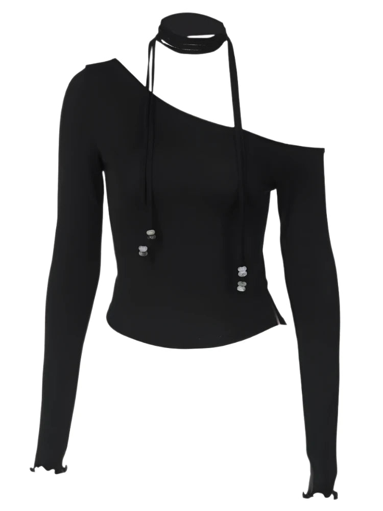 Asymmetrical One Shoulder Long Sleeve Crop Top - Sexy Black T-Shirt for Women | Fall 2024 Fashion Trendy Clothing | Perfect for Night Out, Party, and Casual Wear