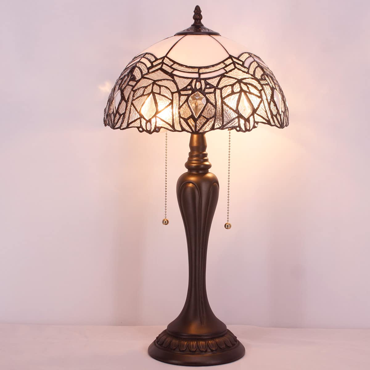 WERFACTORY Tiffany Lamp - White Bent Stained Glass Crystal Table Lamp with 12X12X22 Inches for Bedside, Desk & Reading | Elegant Home Decor for Bedroom, Living Room & Office (S508W Series)