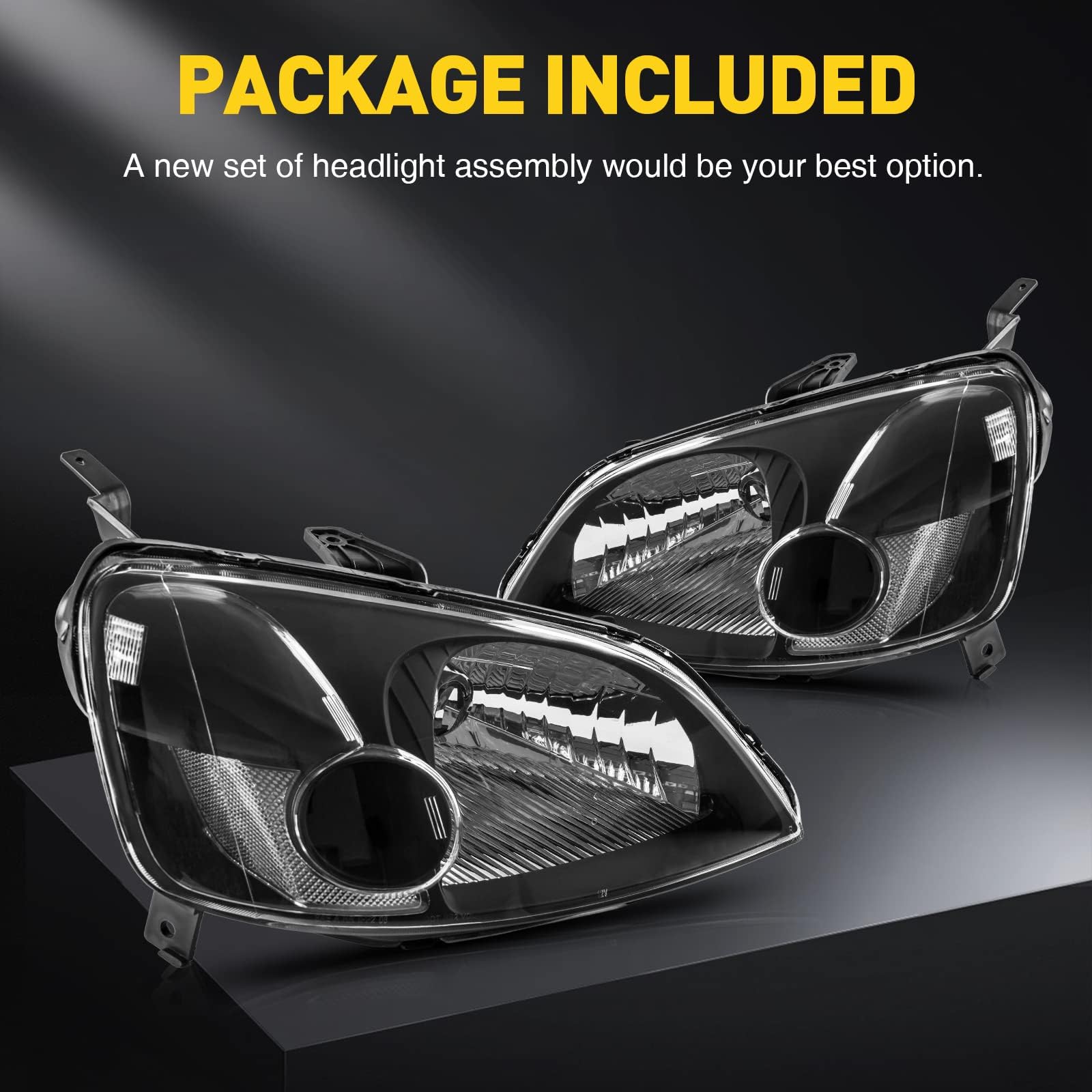 PHILTOP Headlight Assembly Replacement for Honda Civic 2001-2003 - Black Housing, Clear Lens & Reflector - Perfect for Night Driving & Car Restoration Projects