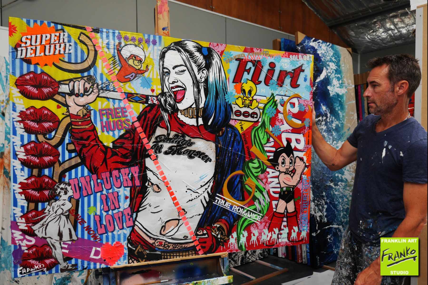 Harley Quinn and Tweety Bird Textured Urban Pop Art Painting - 140cm x 100cm Canvas Wall Decor for Living Room, Bedroom, or Office - Unique Superhero Artwork for DC Comics Fans