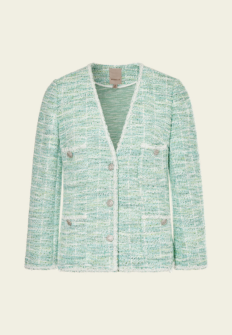 Mint Green V-Neck Stretch Tweed Jacket for Women - Elegant Blazer for Office, Party & Date Night Outfits