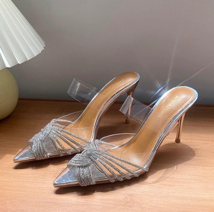 Crystal Heel Jelly Sandals for Women - Rhinestone Embellished Metal Strap Summer High Heels (7cm/9cm) | Perfect for Beach Parties, Weddings & Summer Fashion