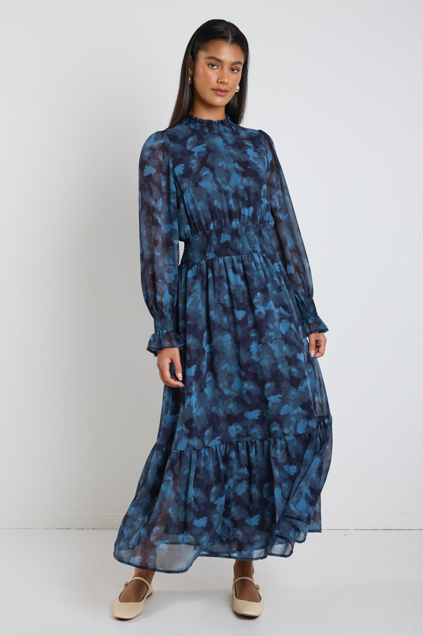 Ebony Blue Smudge Long Sleeve Shirred Neck Midi Dress - Perfect for Casual Outings, Date Nights & Special Occasions