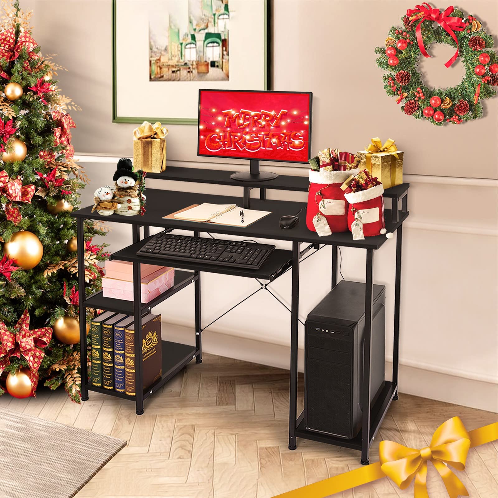 Feterr Adjustable Drafting Table with Monitor Stand, Storage Shelves & Keyboard Tray - 46.5