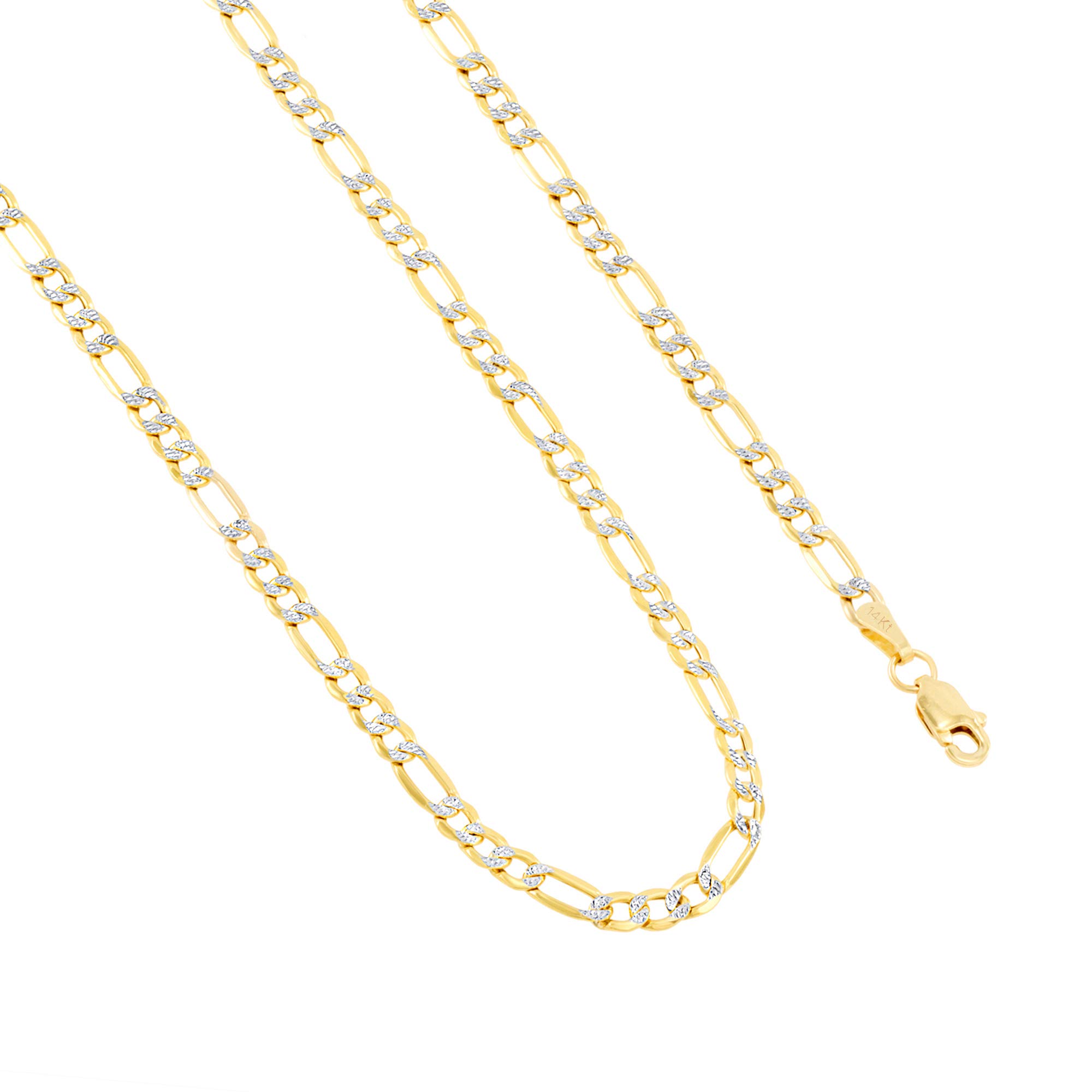 14K Real Yellow Gold Figaro Link Chain Bracelet - 4mm Diamond Cut Pave Design (7
