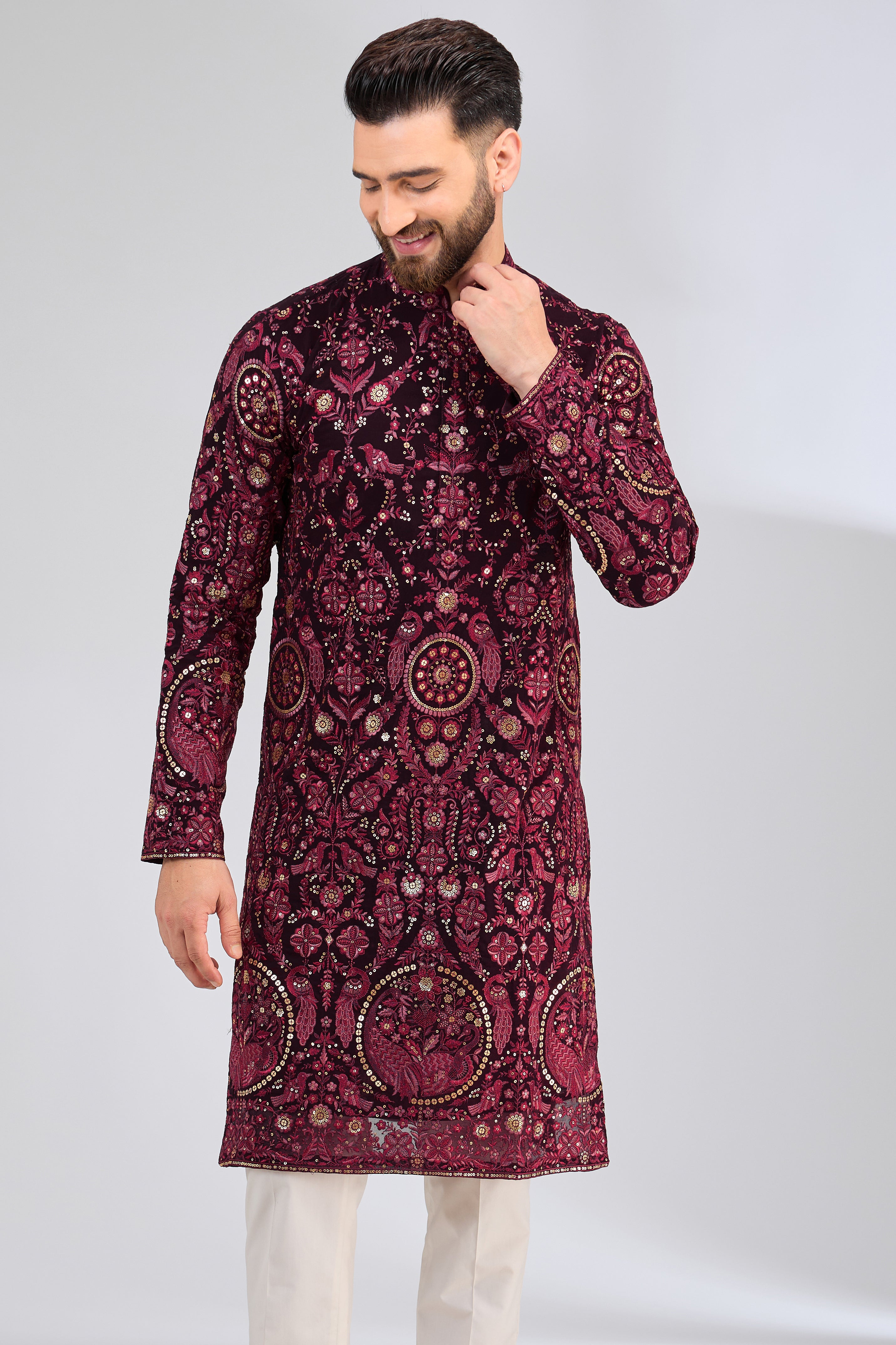 Exquisite Maroon Embroidered Kurta with Intricate Floral & Fauna Designs - Perfect for Festivals, Weddings & Special Occasions