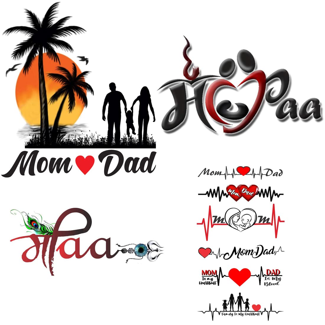Pack of 4 Temporary Tattoo Stickers - Love Mom Dad & Maa Designs for Men & Women (2x4 Inch) | Waterproof Fake Body Art for Parties, Festivals & Family Events
