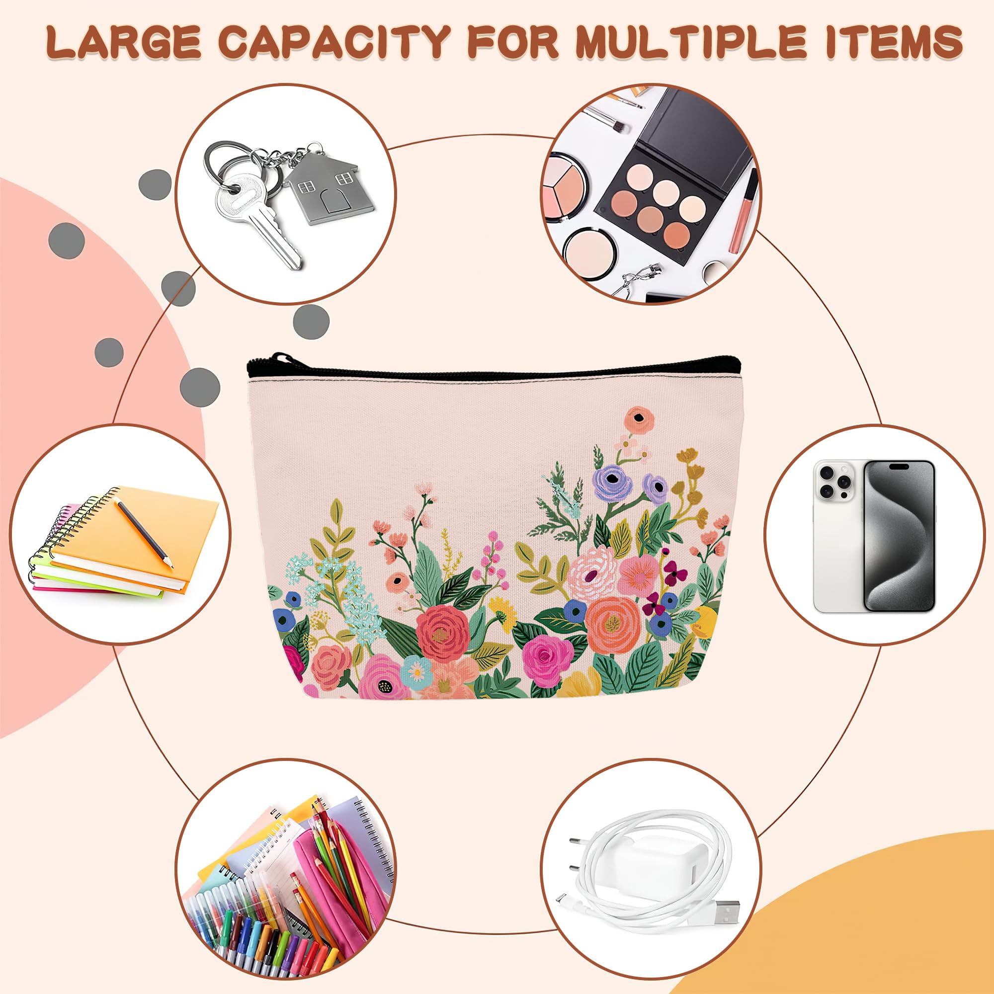 Pink Floral Makeup Bag for Women & Girls - Waterproof Cosmetic Organizer with Zipper, Travel Toiletry Bag for Makeup Brushes, Lipstick, Skincare (Perfect for Travel, Gym, Daily Use)