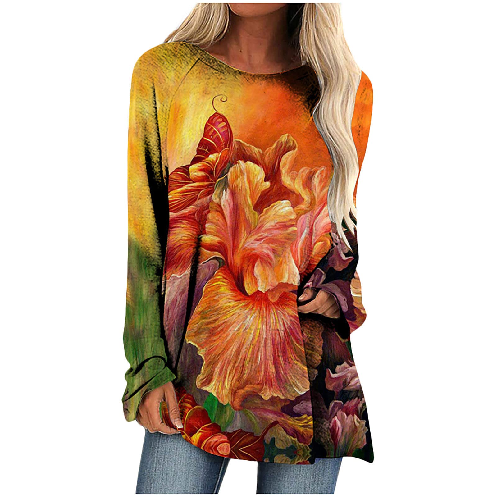 Women's Vintage Long Sleeve Crewneck T-Shirt - Loose Fit Summer Blouse Top for Casual Wear, Office & Outings
