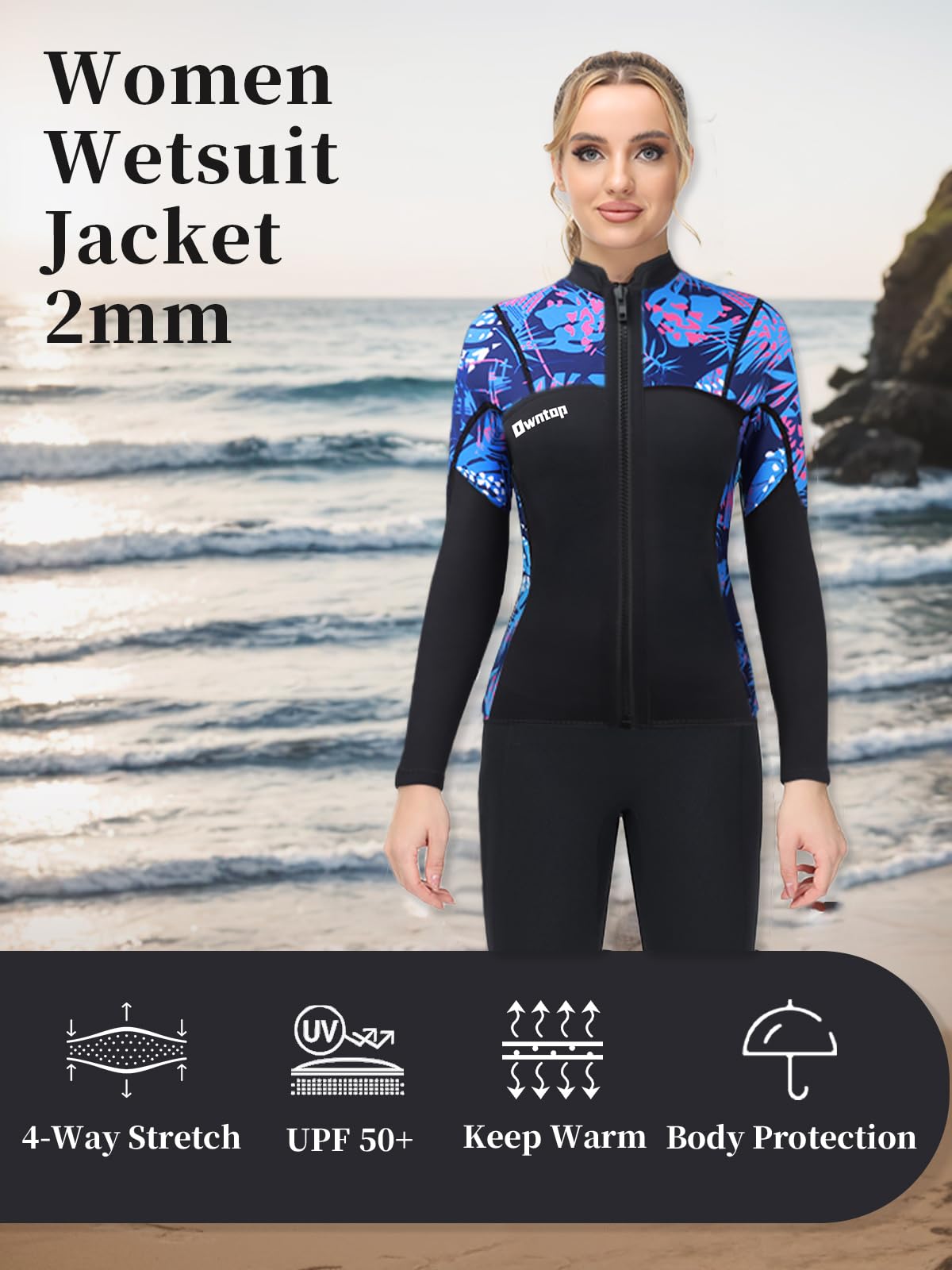 Owntop 2MM Neoprene Wetsuit Top for Women & Men - Long Sleeve YKK Front Zip - Flexible Comfort for Surfing, Diving, Swimming & Water Sports - Perfect for Beach Activities, Snorkeling and Cold Water Protection
