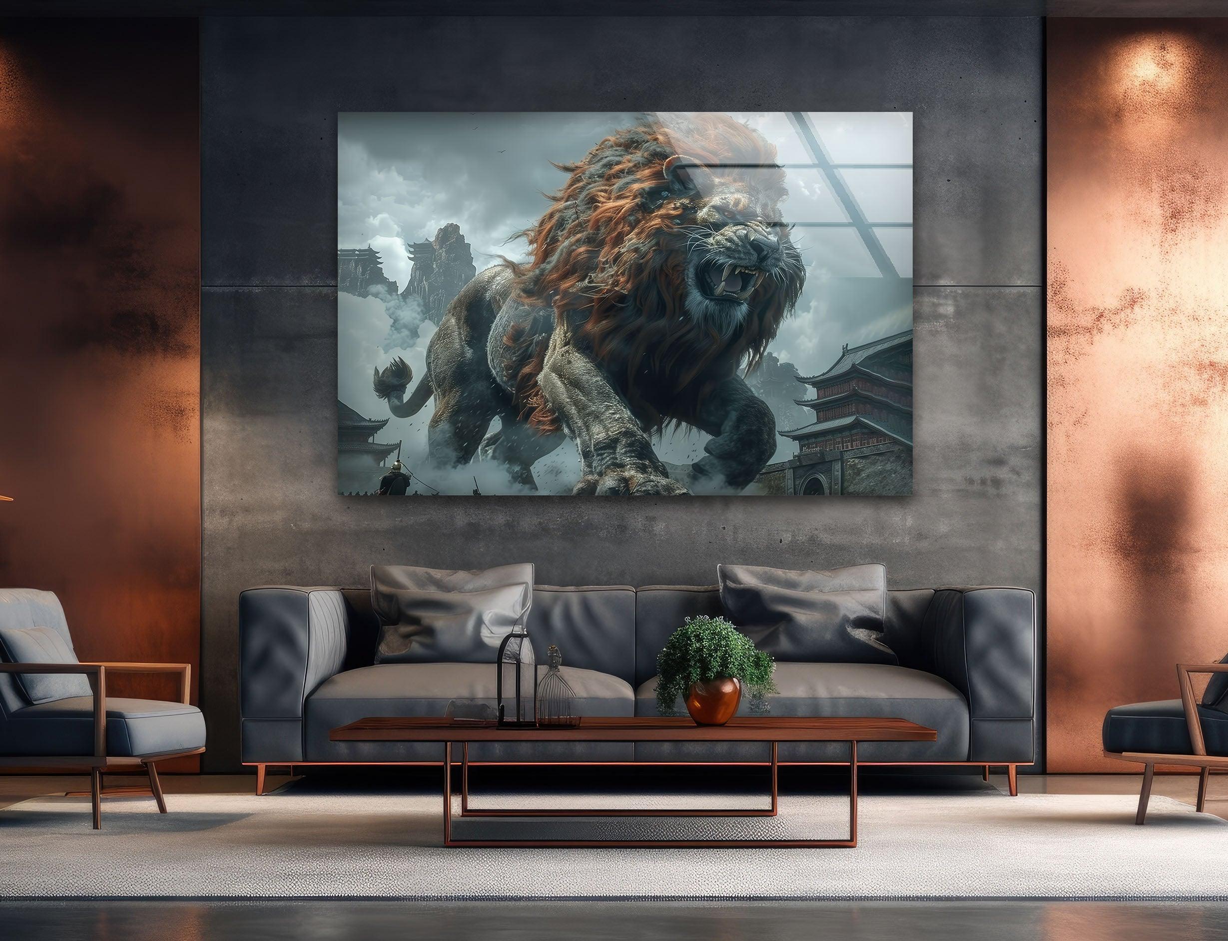 Chinese Lion Glass Wall Art - Handcrafted Feng Shui Decor for Home & Office - Perfect for Living Room, Bedroom, or Entryway Display