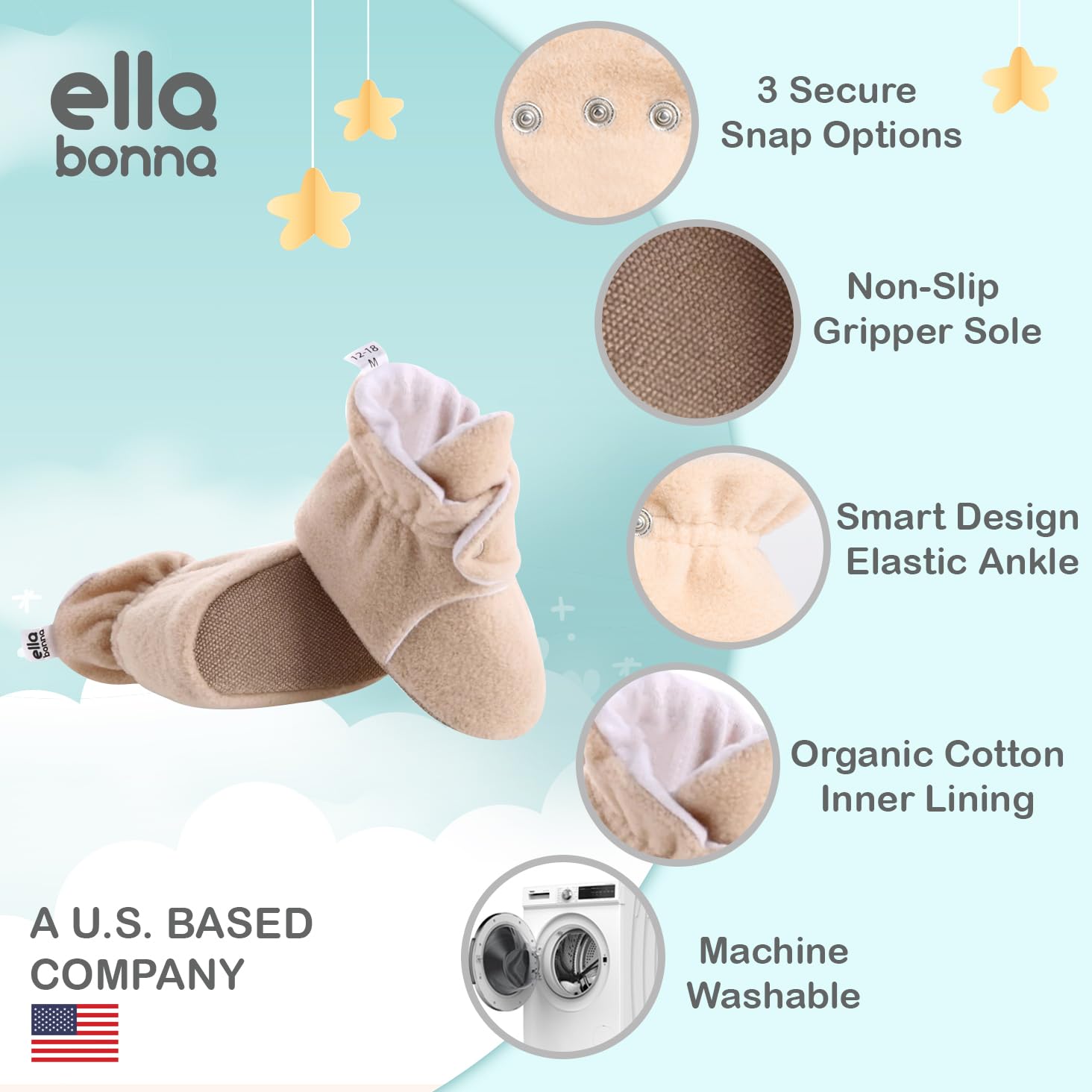 Ella Bonna Fleece Baby Booties - Warm Organic Infant Socks for Newborns & Toddlers | Cozy Winter Footwear for Indoor & Outdoor Use