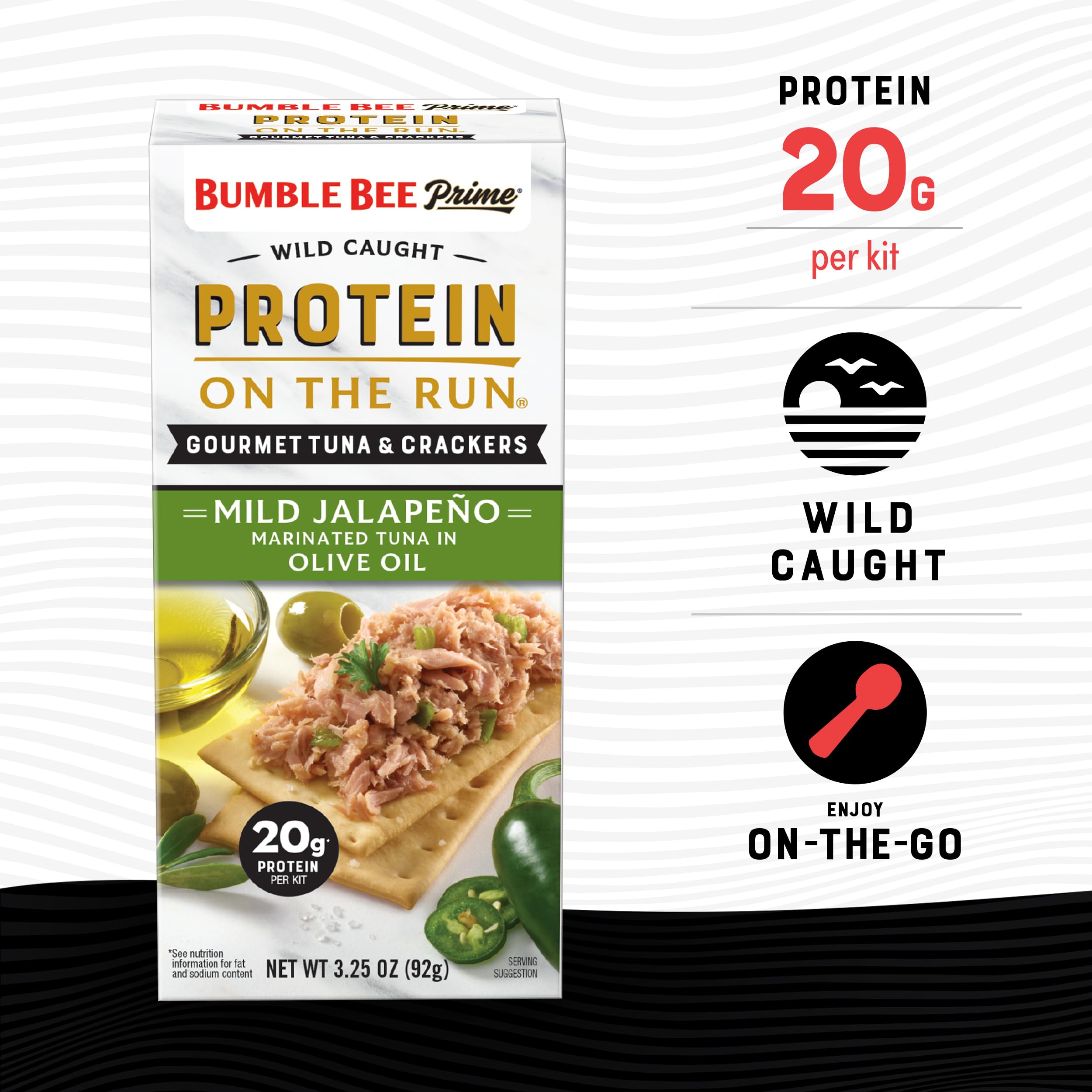 Bumble Bee Prime Protein Tuna Snack Kit - Pack of 12, Gourmet Tuna in Olive Oil & Mild Jalapeno with Crackers & Utensil - 20g Protein per Serving - Perfect for On-the-Go Lunches, Office Snacks & Outdoor Adventures