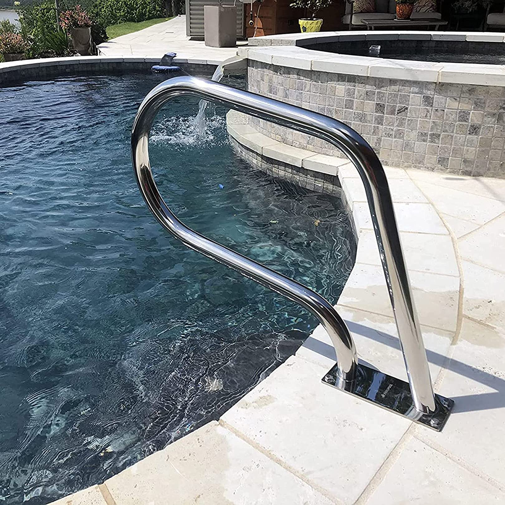 Stainless Steel Pool Handrail with Base Plate - Safety Railing for Inground Swimming Pool Steps | Durable Non-Slip Grip for Easy Pool Entry & Exit | Perfect for Elderly & Kids Safety Around Poolside