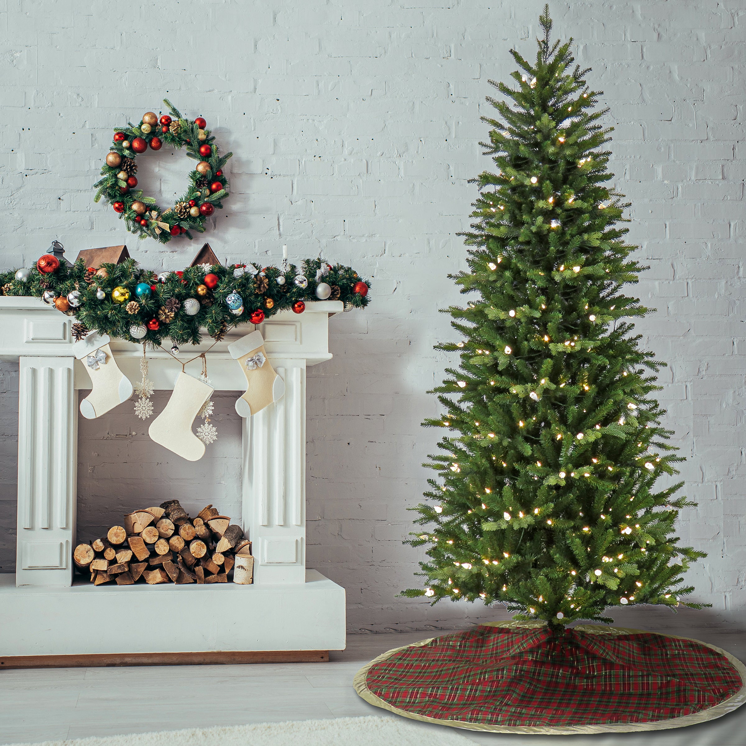 7.5 ft Pre-Lit Wallace Pine Artificial Christmas Tree with Warm White LED Lights - Perfect for Holiday Home Decor, Office, and Party Decoration