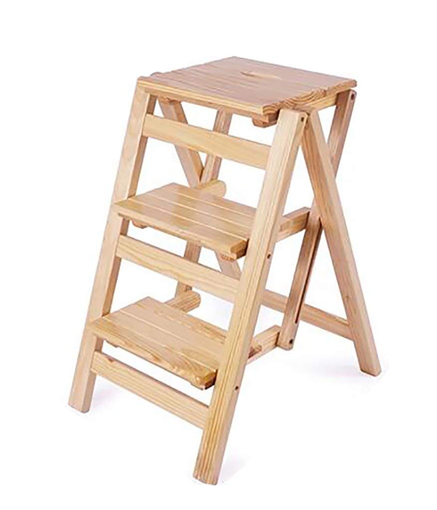 3-Step Foldable Wooden Step Stool Ladder - Portable Handy Stool, Seat, Flower Stand for Home, Kitchen, Bathroom & Utility Use - Natural Wood Color