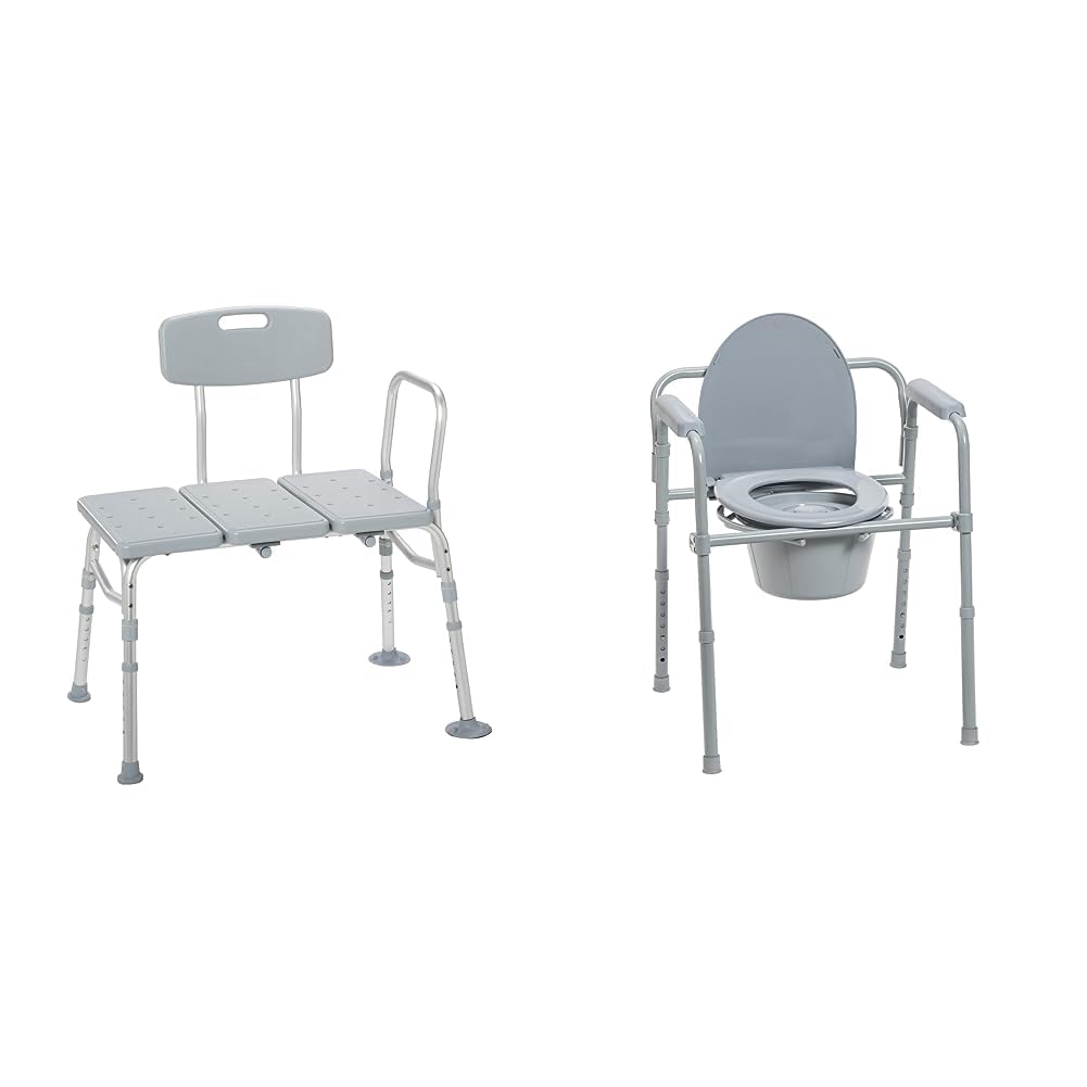 Drive Medical 12011KD-1 Adjustable Height Bathtub Transfer Bench & 11148-1 Folding Steel Bedside Commode Chair - Shower Safety and Portable Toilet Solution for Elderly, Disabled, and Post-Surgery Care at Home